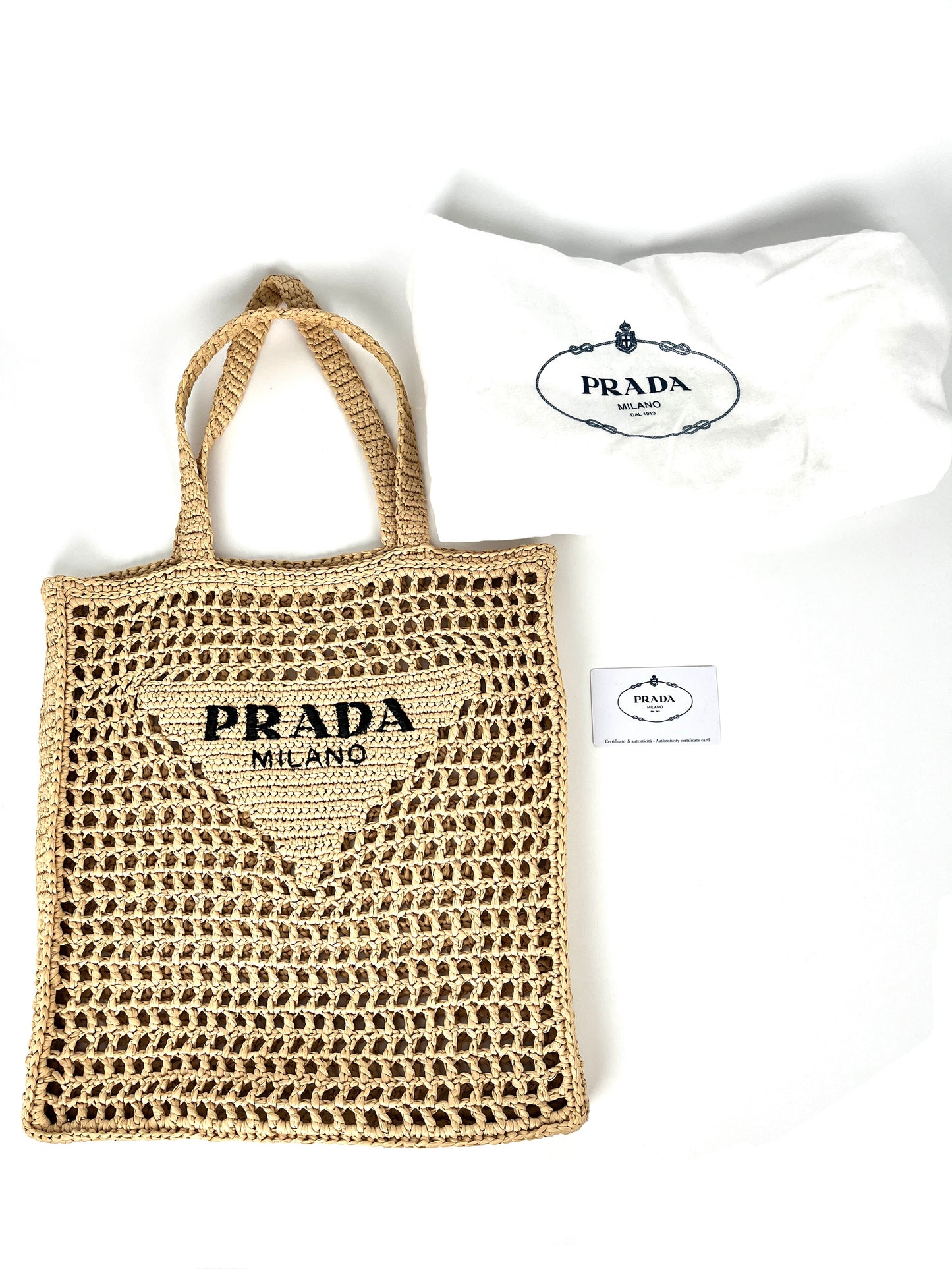 PRADA Raffia Grass Beige Natural Logo Tote Shoulder Bag