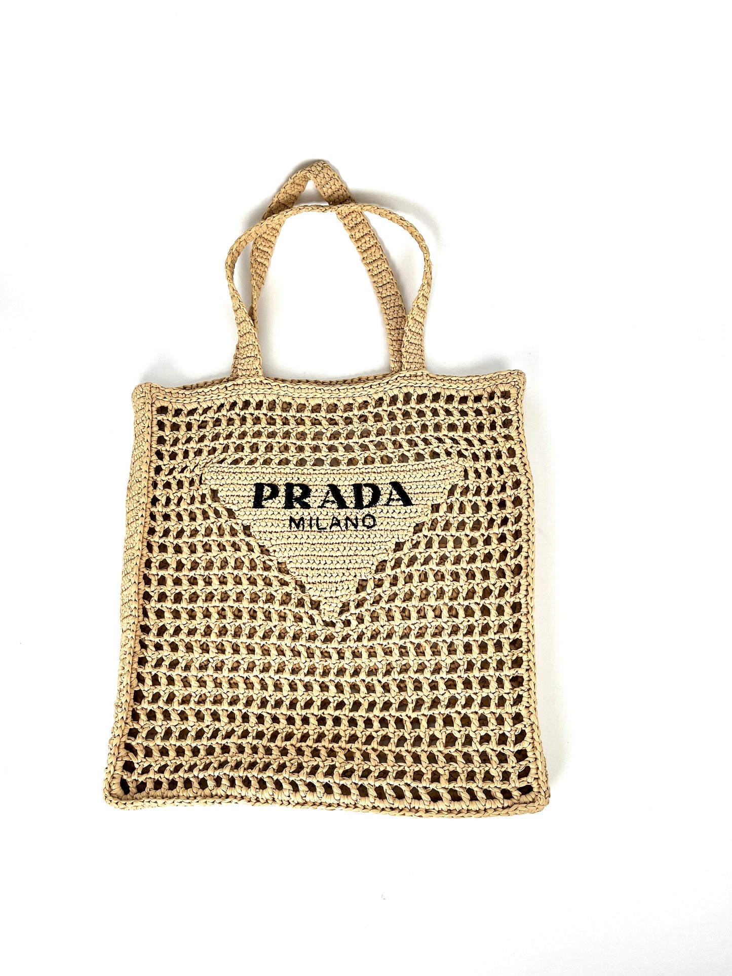PRADA Raffia Grass Beige Natural Logo Tote Shoulder Bag