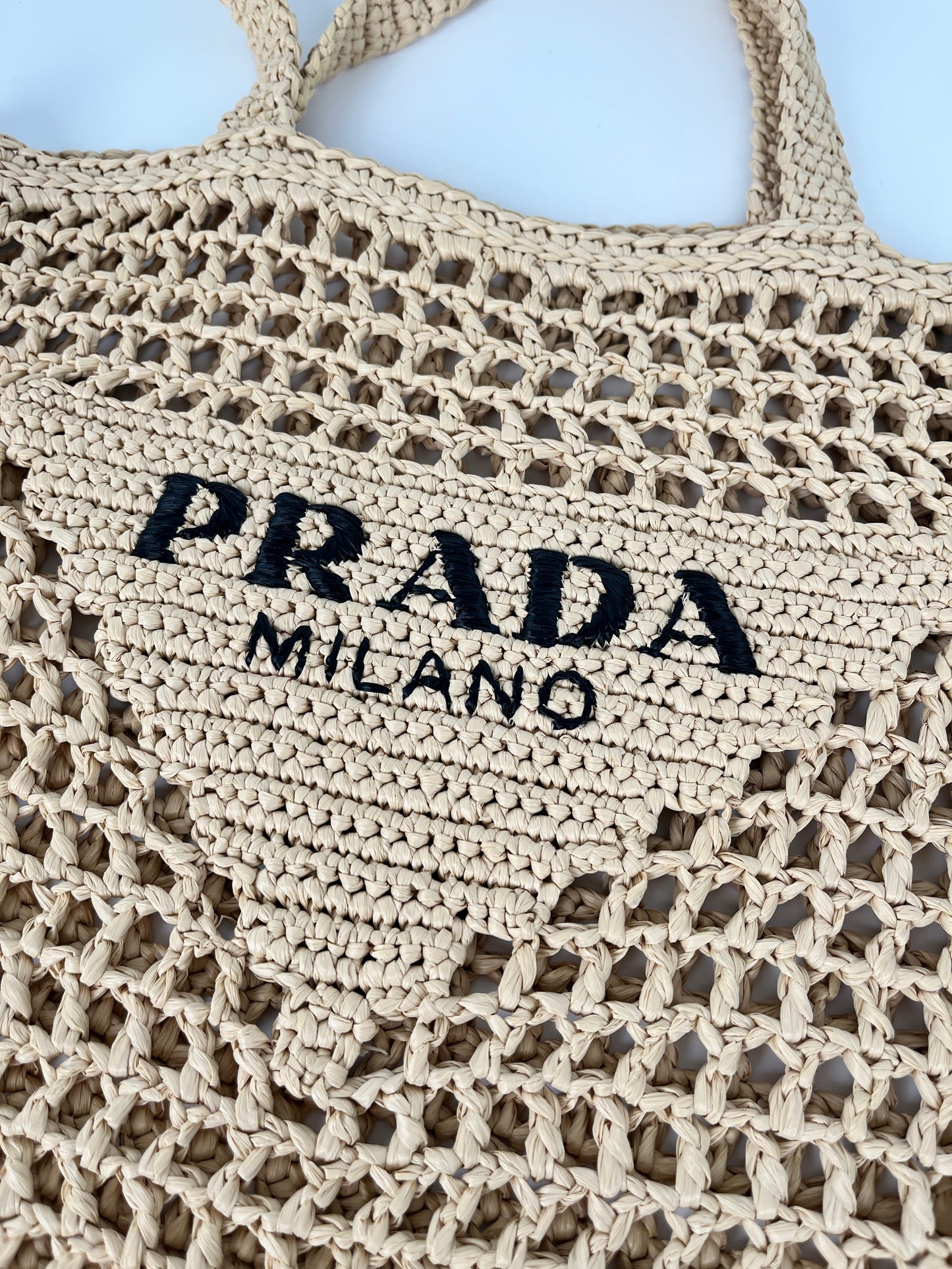 PRADA Raffia Grass Beige Natural Logo Tote Shoulder Bag