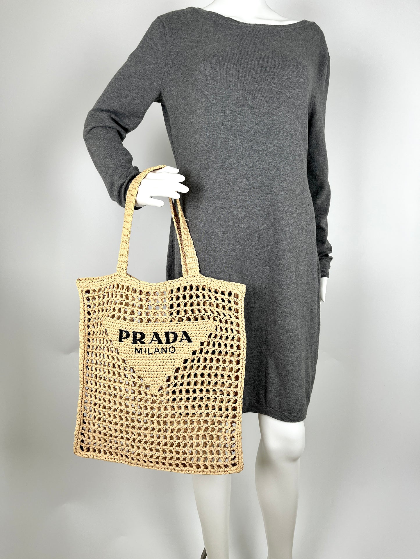PRADA Raffia Grass Beige Natural Logo Tote Shoulder Bag