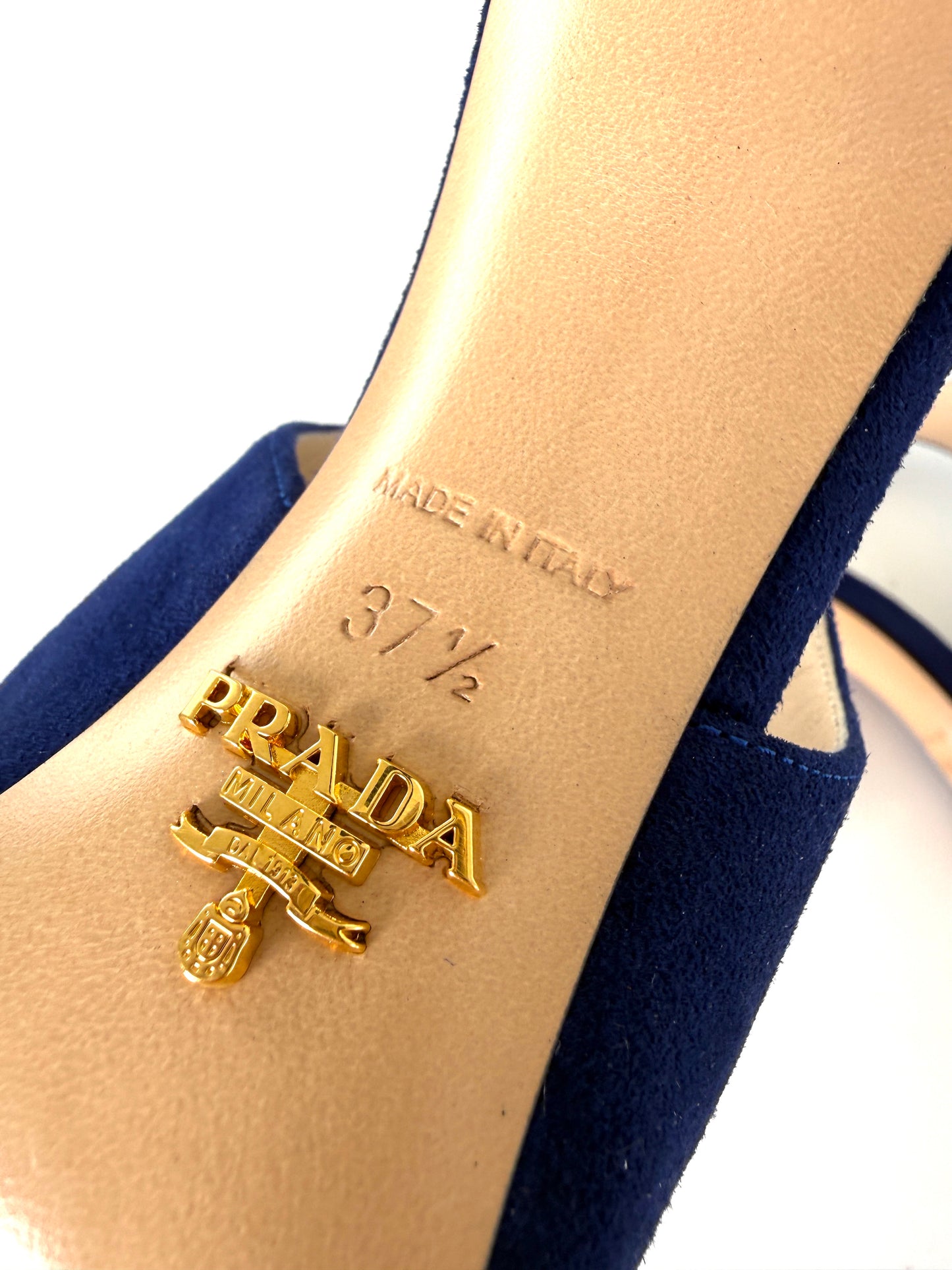 Prada Royal Blue Suede Camoscio Cut out High Heel Sandals 37.5 7