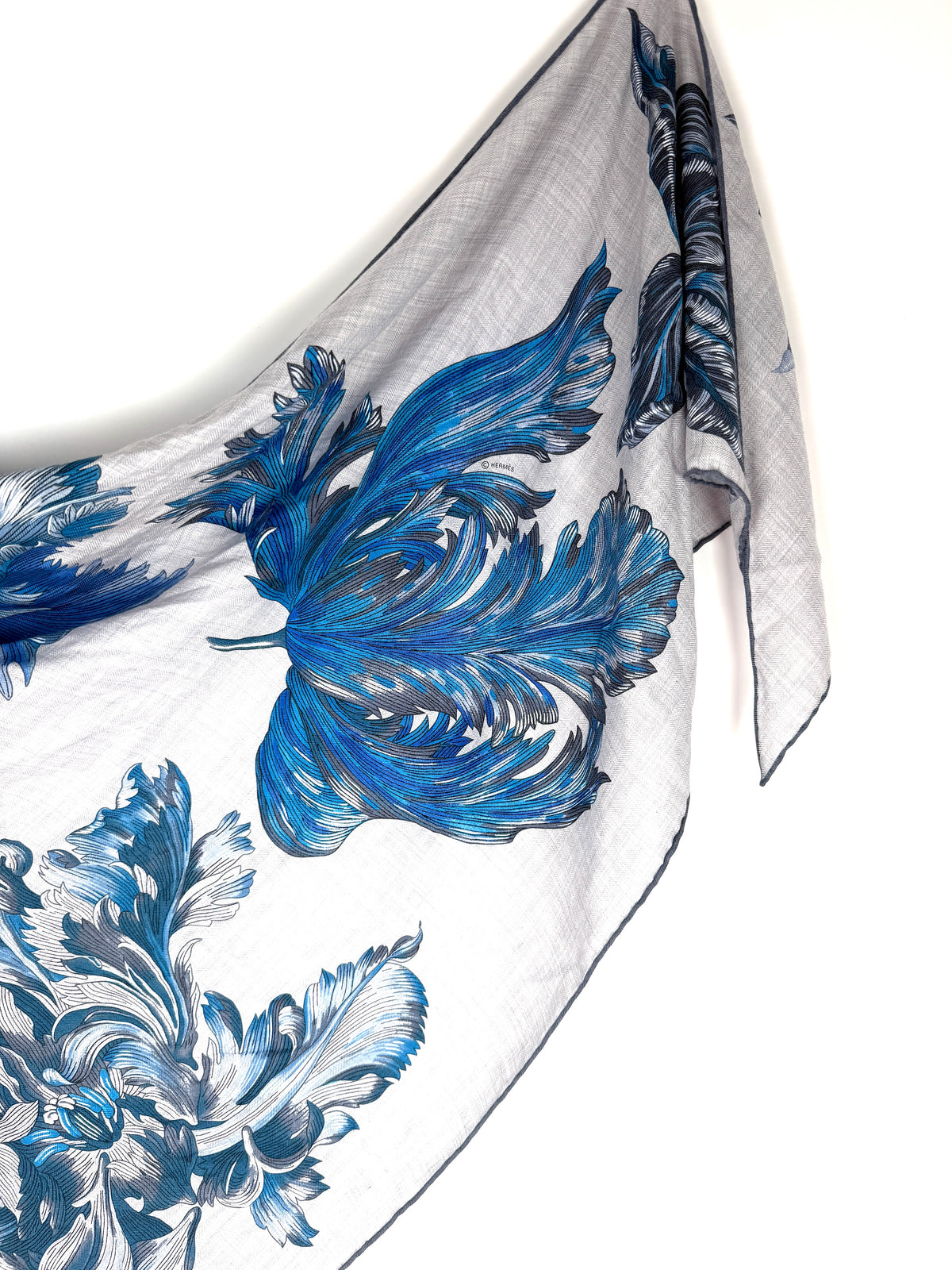 HERMES Tulipomanie Giant Triangle Gray Blue Cashmere Silk Scarf New with tag