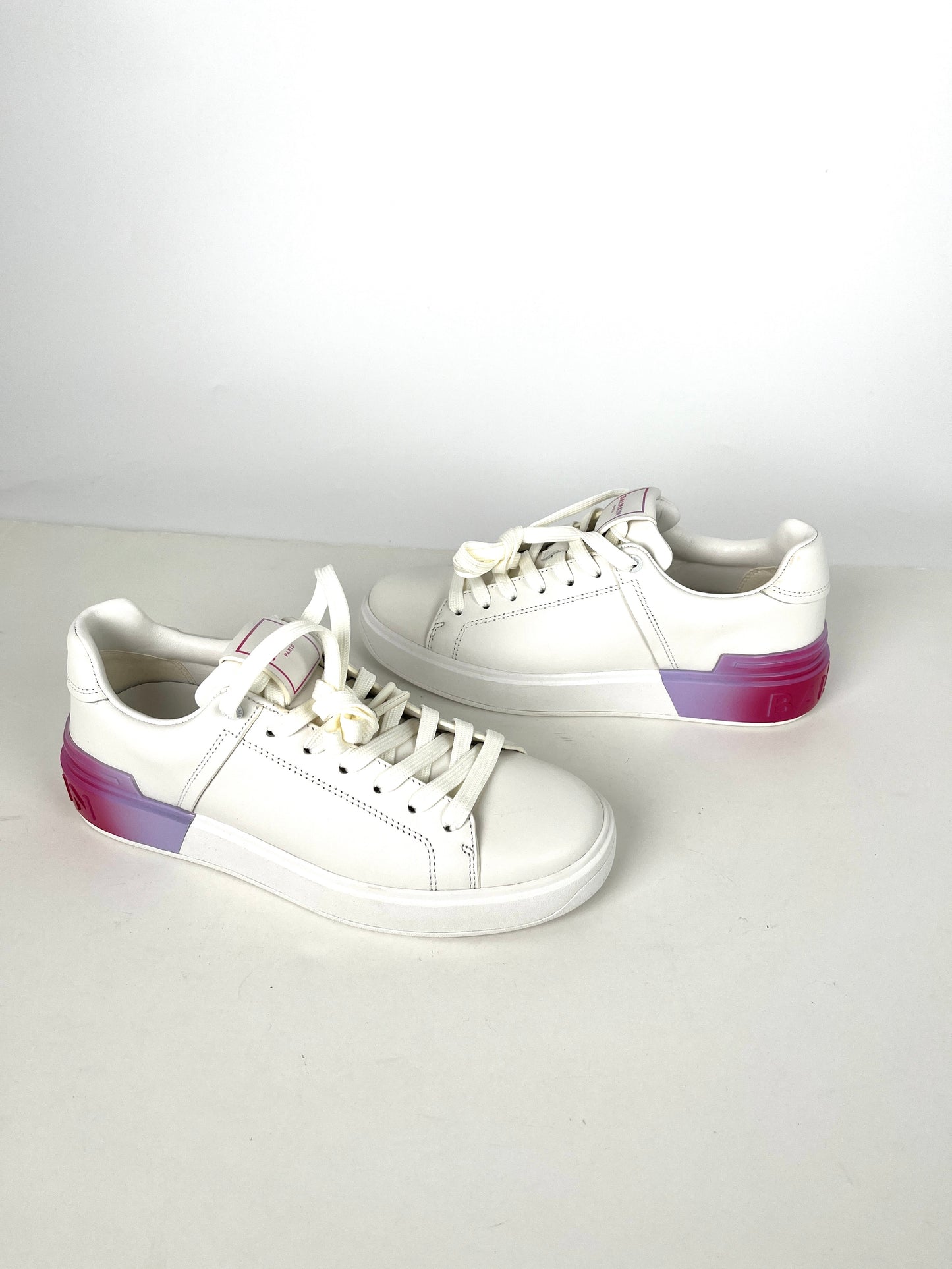 BALMAIN B-Court Trainers Low Top White Pink Calfskin Leather Sneakers 39 8.5
