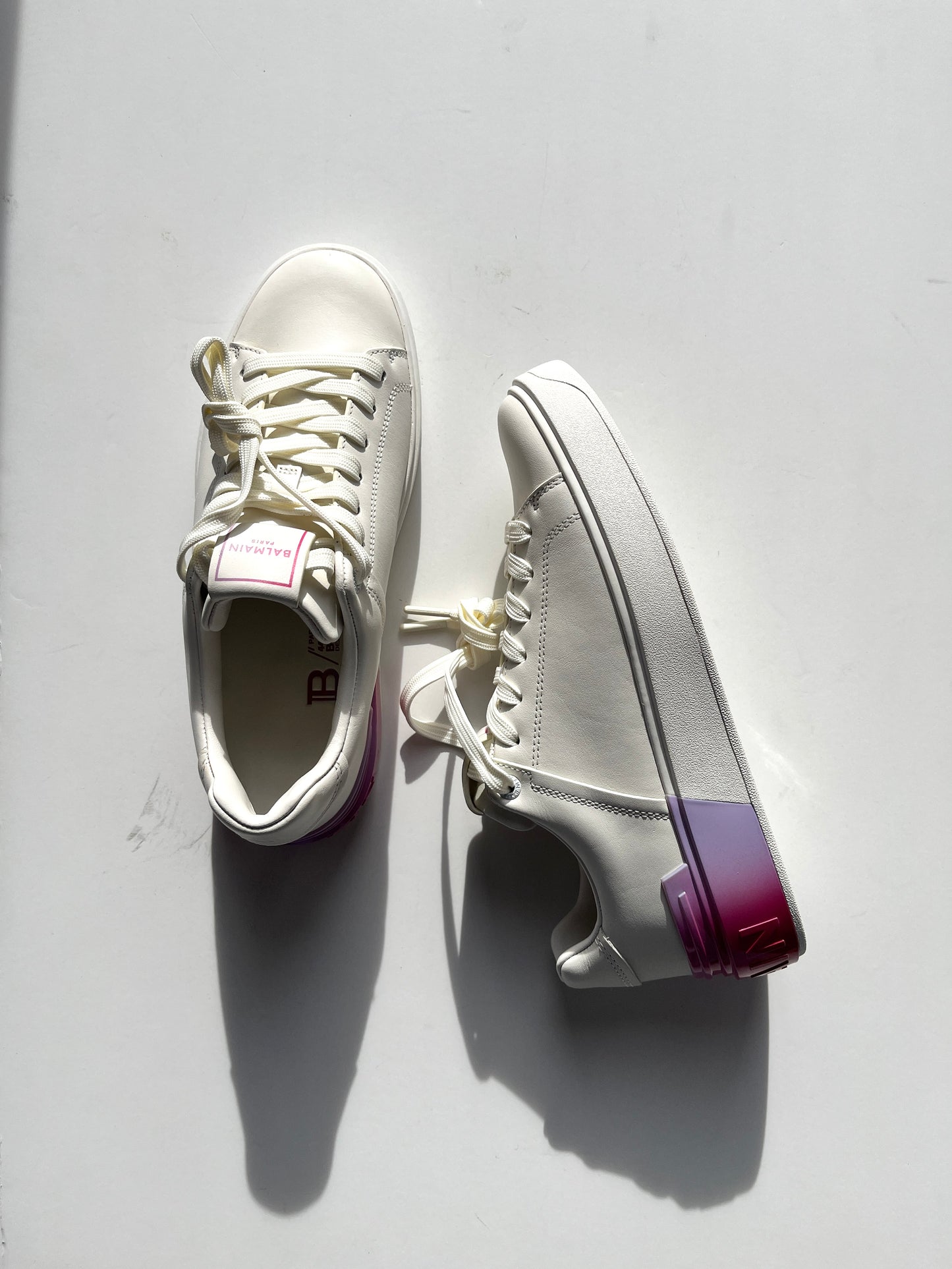 BALMAIN B-Court Trainers Low Top White Pink Calfskin Leather Sneakers 39 8.5