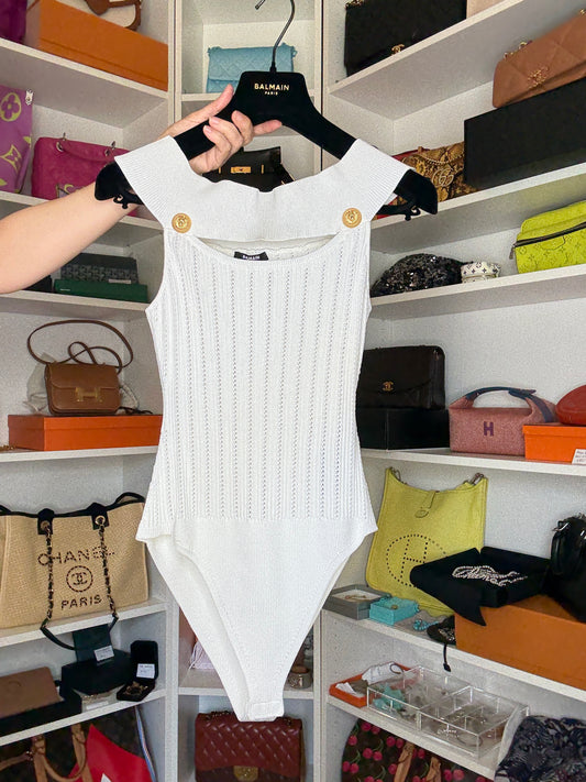 Balmain Openwork White Sleeveless Pointelle Knit Bodysuit 2024 Top 40 6 8