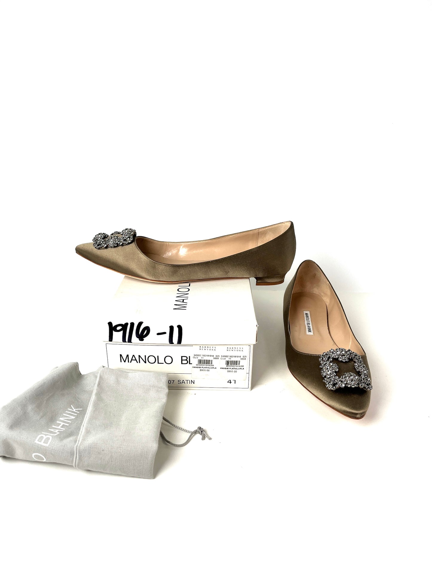 Manolo Blahnik Satin Hangisi Jewel Buckle Flat Shoes 41 10.5