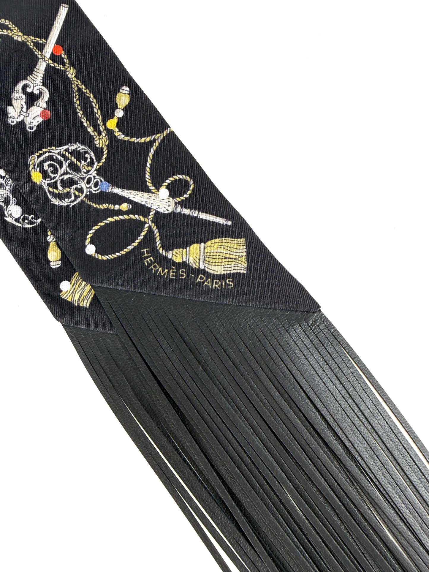 HERMES Les Cles a Pois Black Mordore White Silk Calfskin Leather Fringes Twilly Scarf New