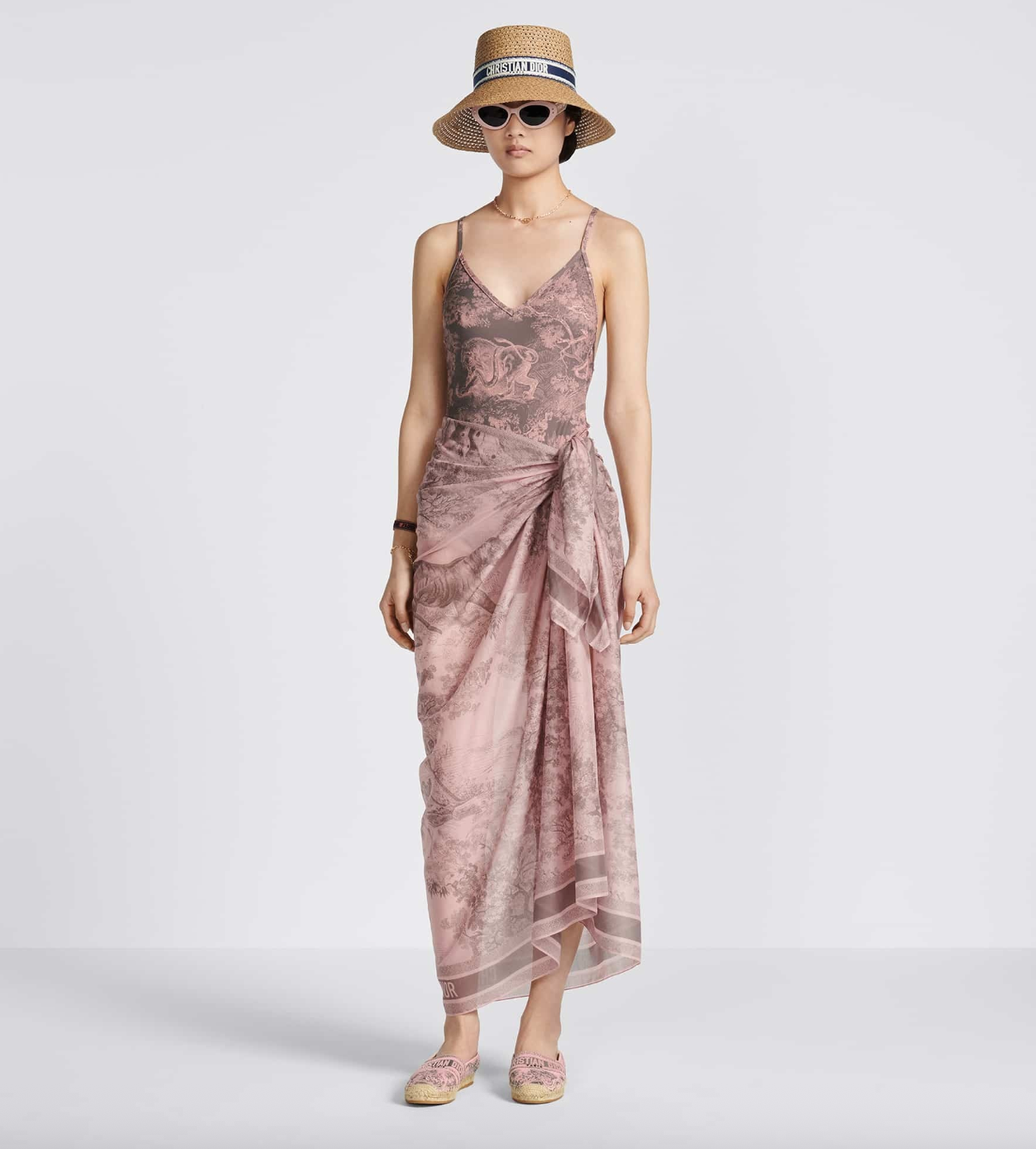 Christian Dior Dioriviera Toile de Jouy Sauvage Pink Gray Cotton Sarong Scarf Beach Wrap