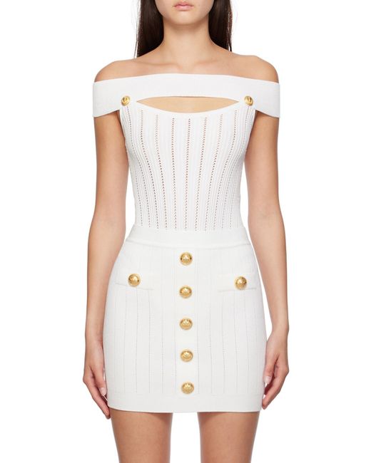 Balmain Openwork White Sleeveless Pointelle Knit Bodysuit 2024 Top 40 6 8
