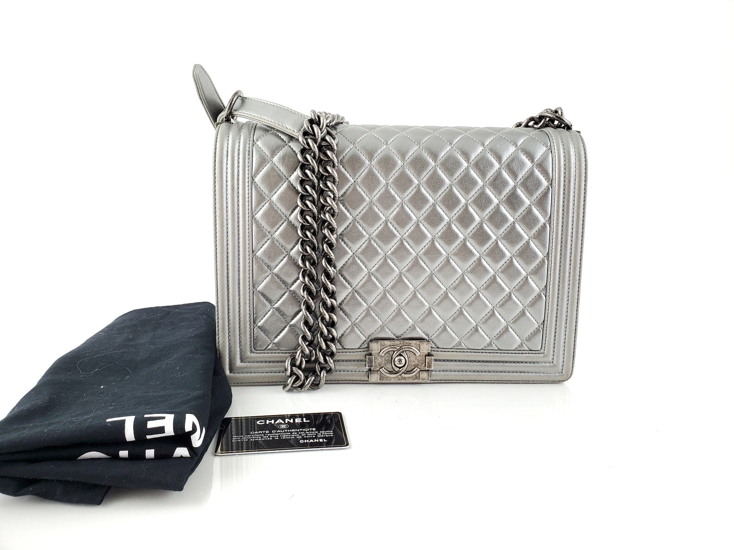 CHANEL Large Metallic Silver Quilted Boy Flap Bag