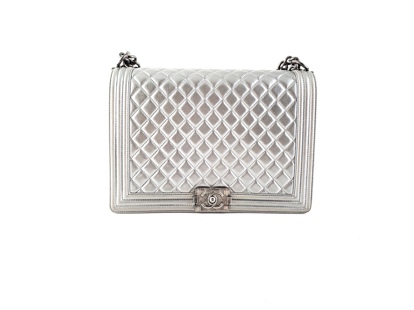 CHANEL Large Metallic Silver Quilted Boy Flap Bag