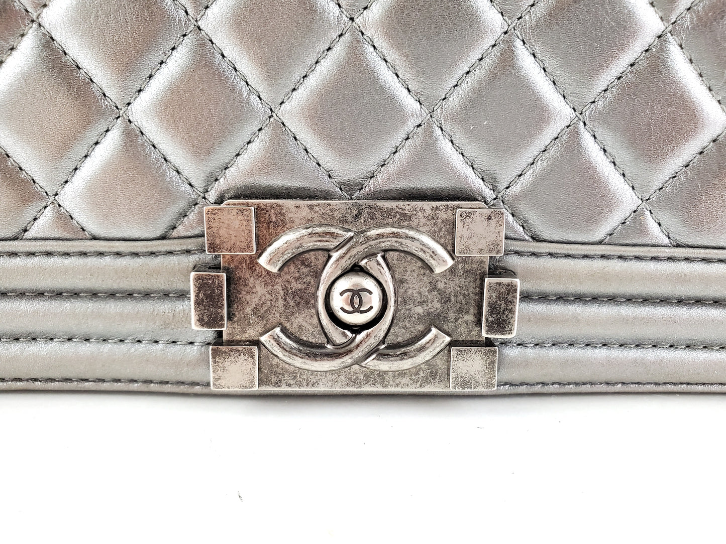 CHANEL Large Metallic Silver Quilted Boy Flap Bag