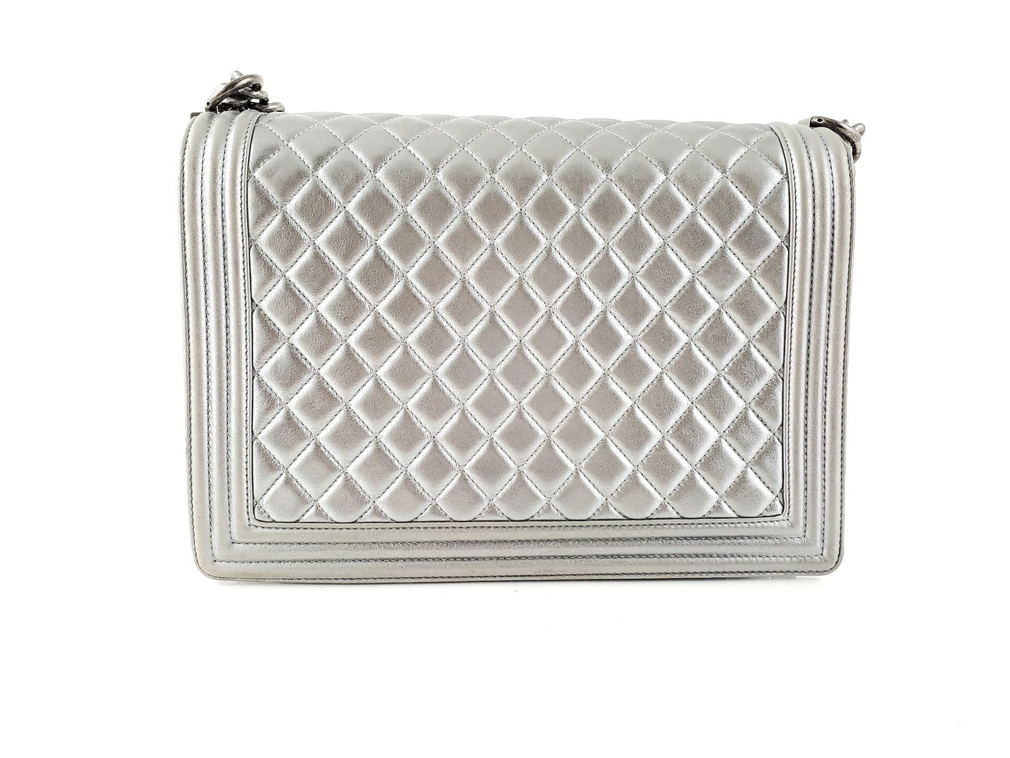 CHANEL Large Metallic Silver Quilted Boy Flap Bag