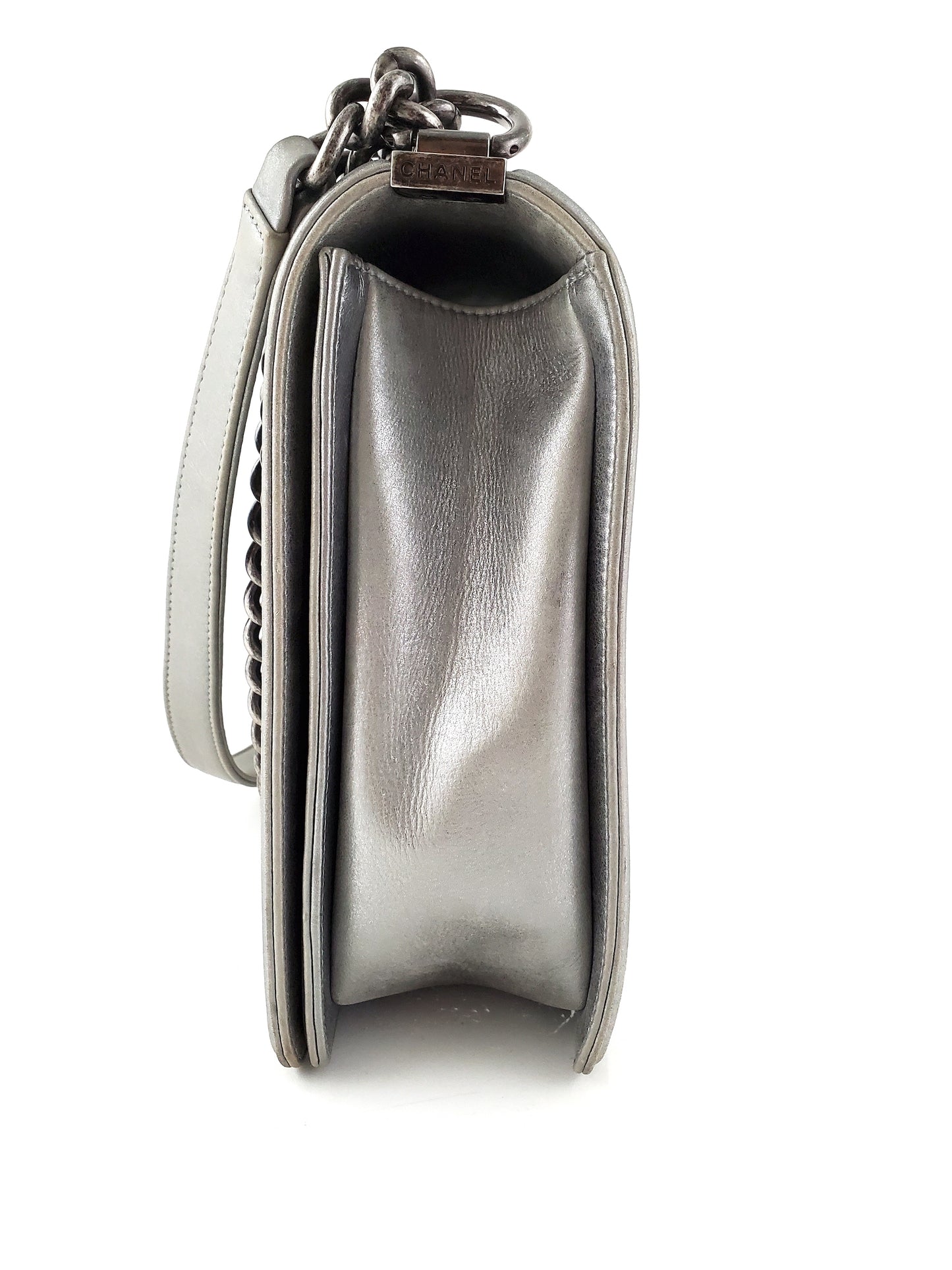 CHANEL Large Metallic Silver Quilted Boy Flap Bag