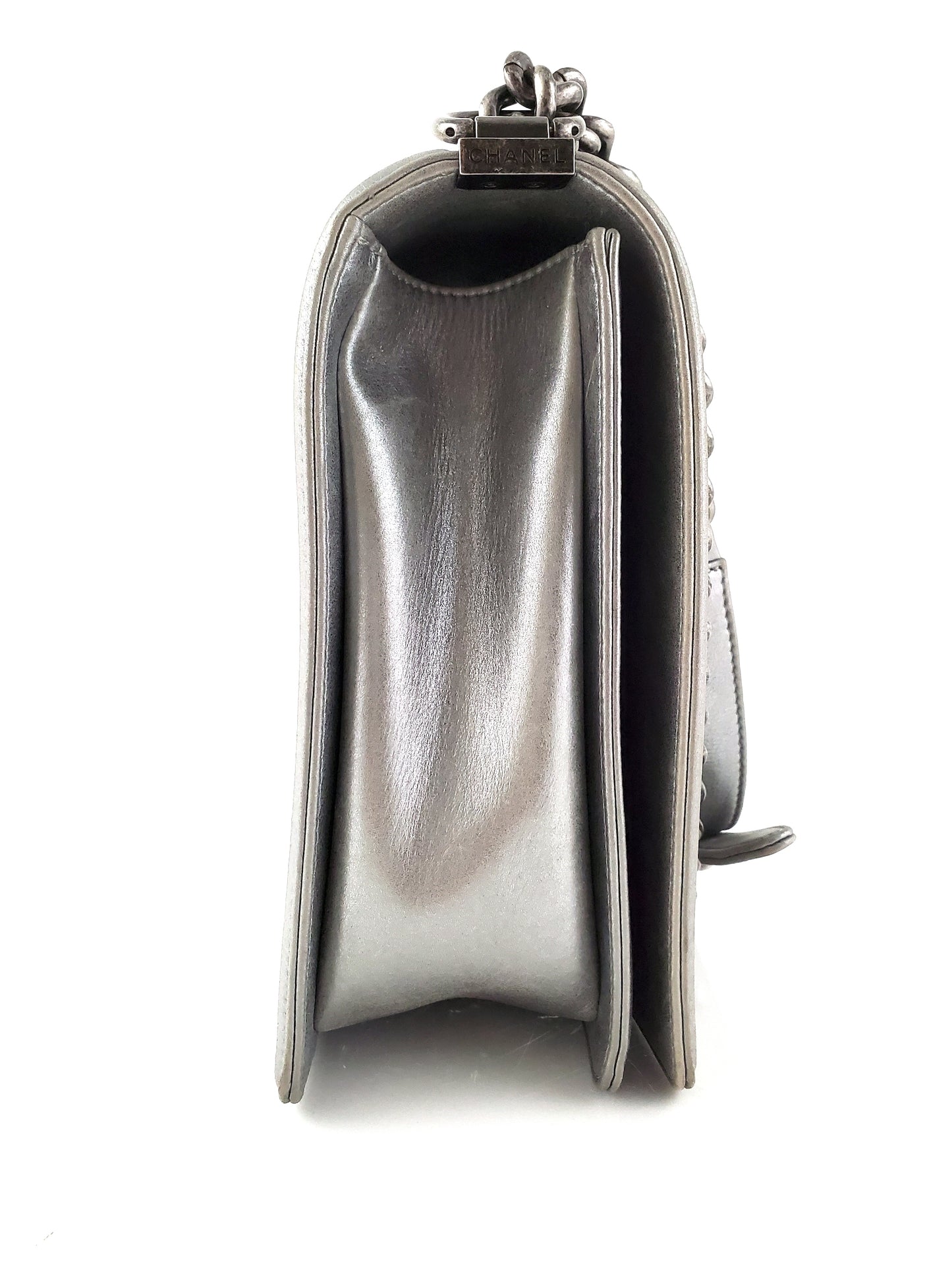 CHANEL Large Metallic Silver Quilted Boy Flap Bag
