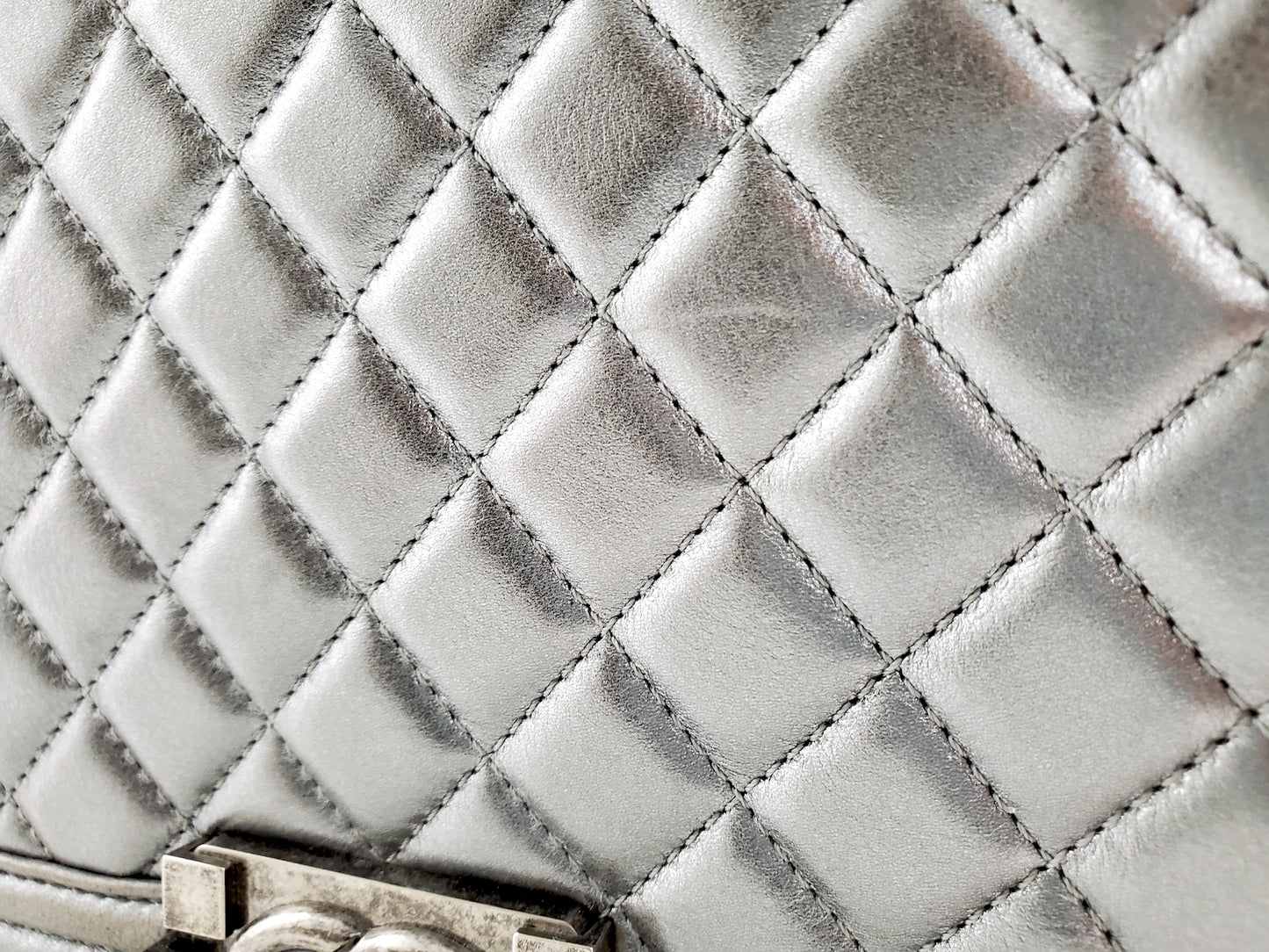 CHANEL Large Metallic Silver Quilted Boy Flap Bag