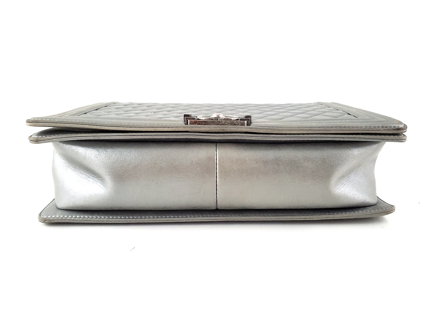 CHANEL Large Metallic Silver Quilted Boy Flap Bag