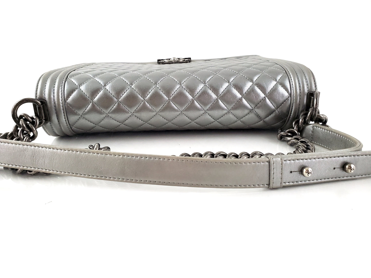 CHANEL Large Metallic Silver Quilted Boy Flap Bag