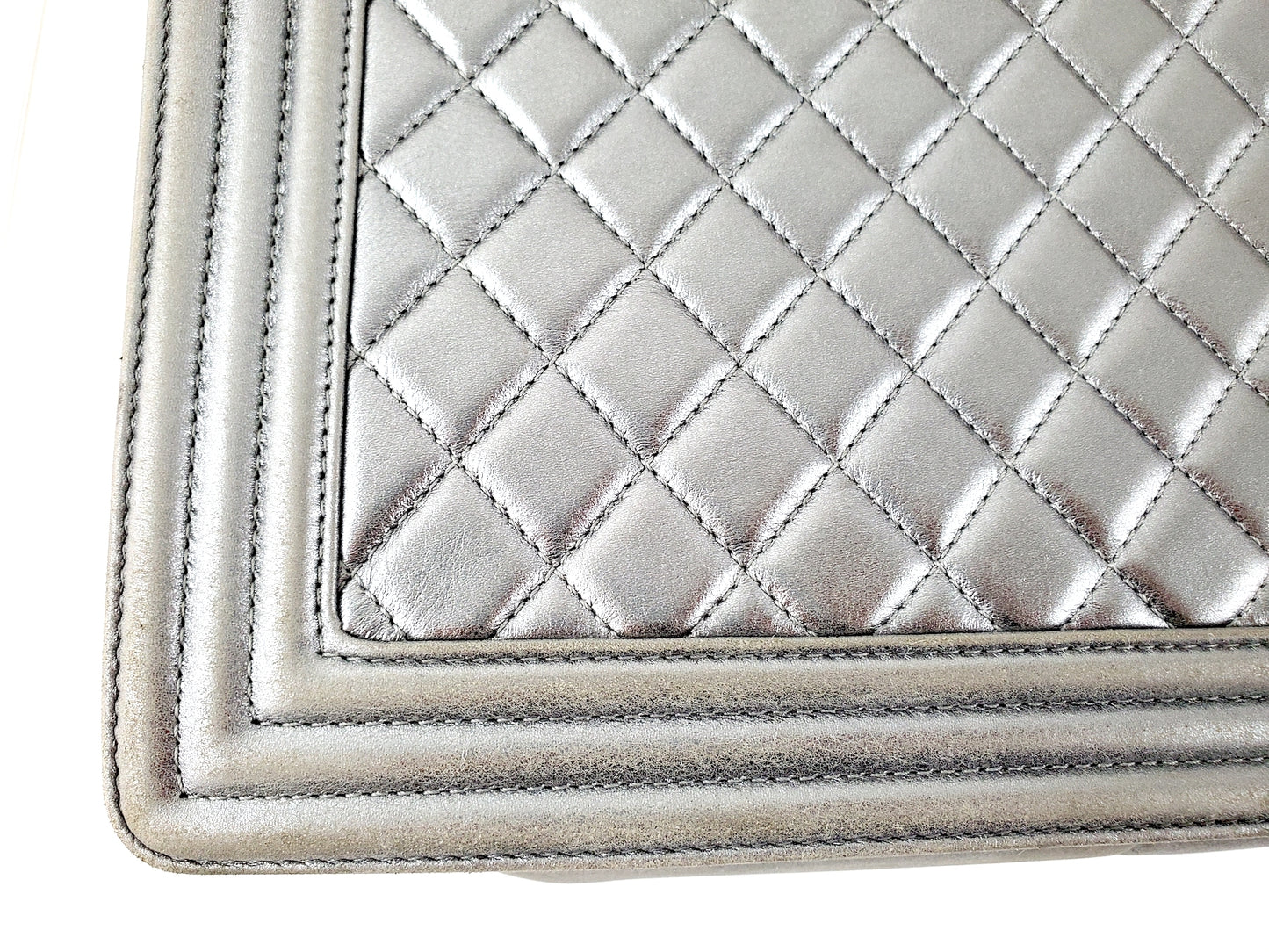 CHANEL Large Metallic Silver Quilted Boy Flap Bag