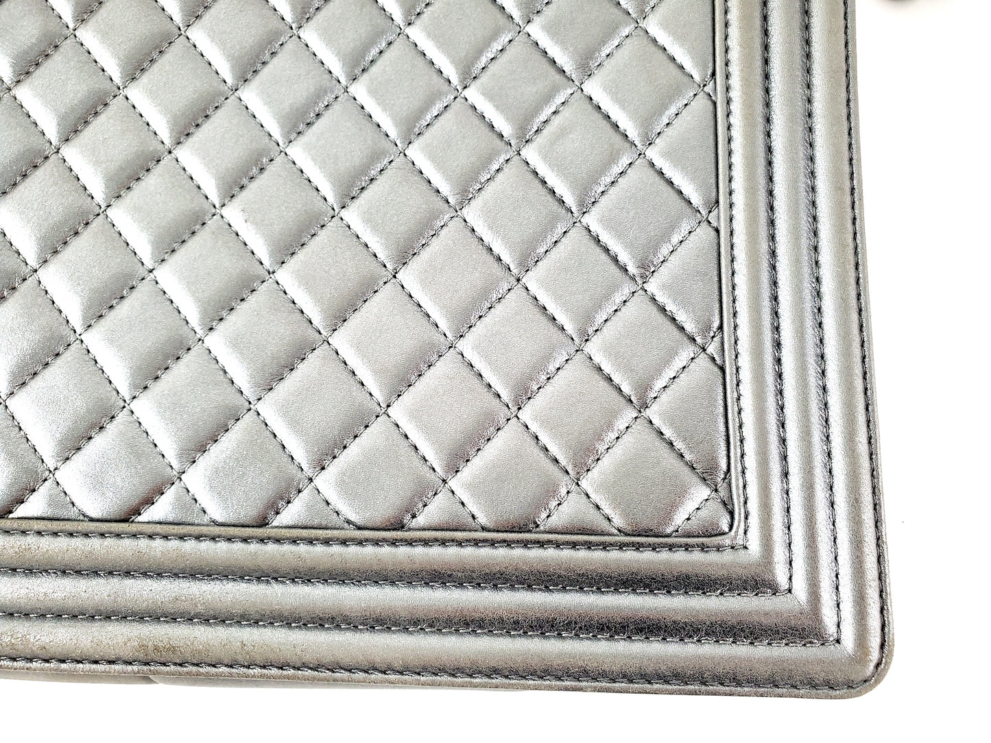 CHANEL Large Metallic Silver Quilted Boy Flap Bag