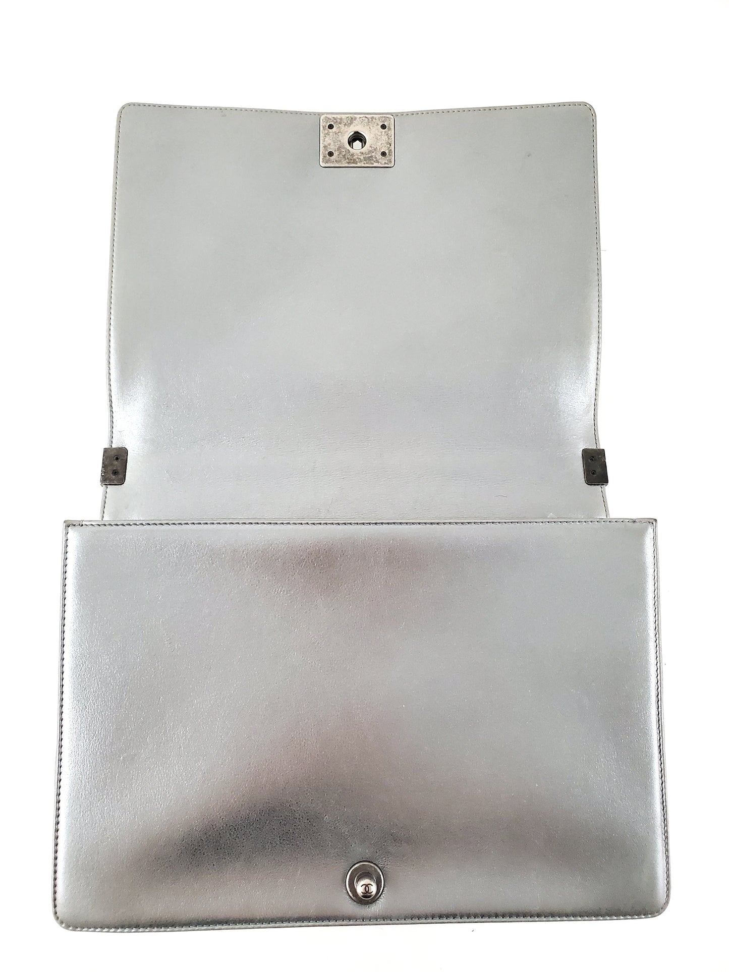 CHANEL Large Metallic Silver Quilted Boy Flap Bag