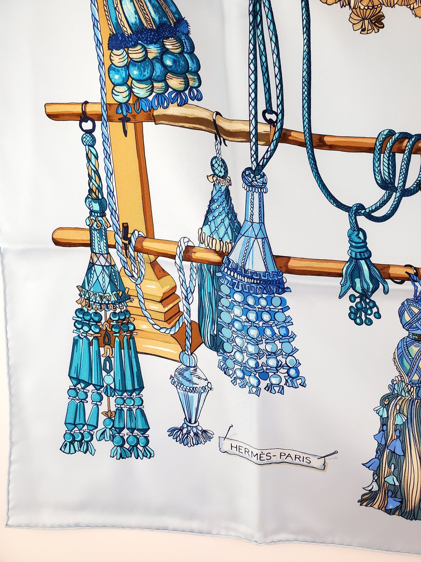 NWT HERMES Paris Bleu Ciel Passementerie Print 90cm Silk Scarf