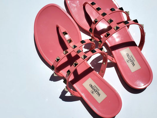 Valentino Pink Rockstud T-Strap Slide PVC Thong Sandals 38