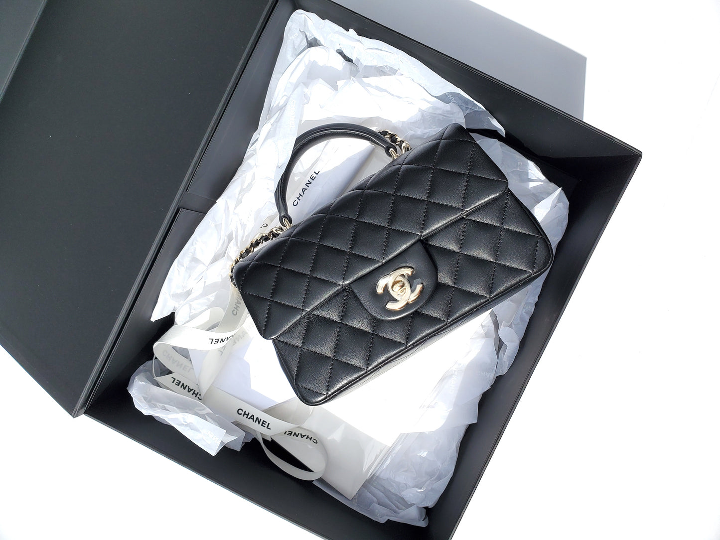 CHANEL 22P Top Handle Black Rectangular Mini Flap Bag