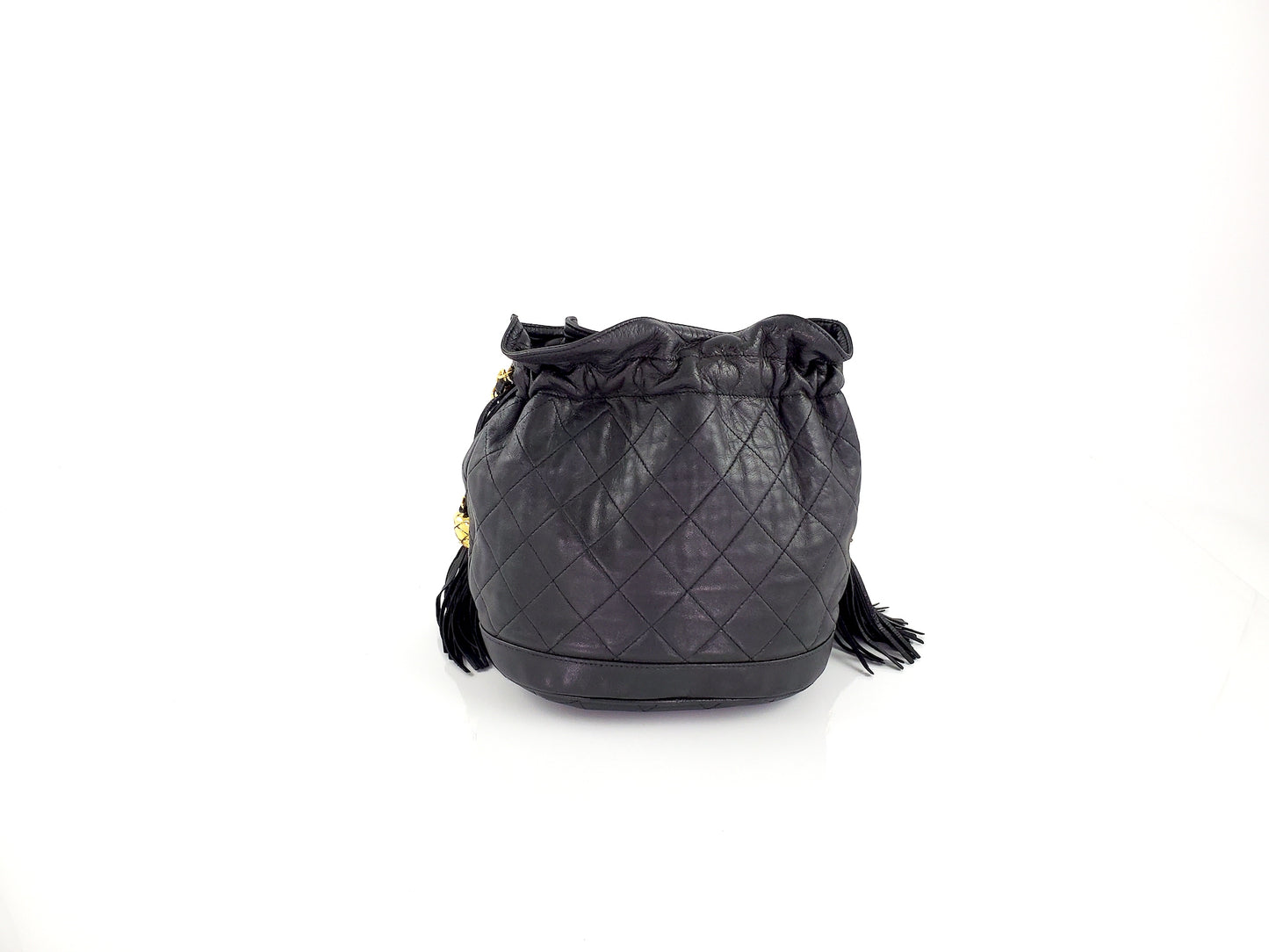Vintage CHANEL 24k Gold Black Leather Quilted Bucket Bag