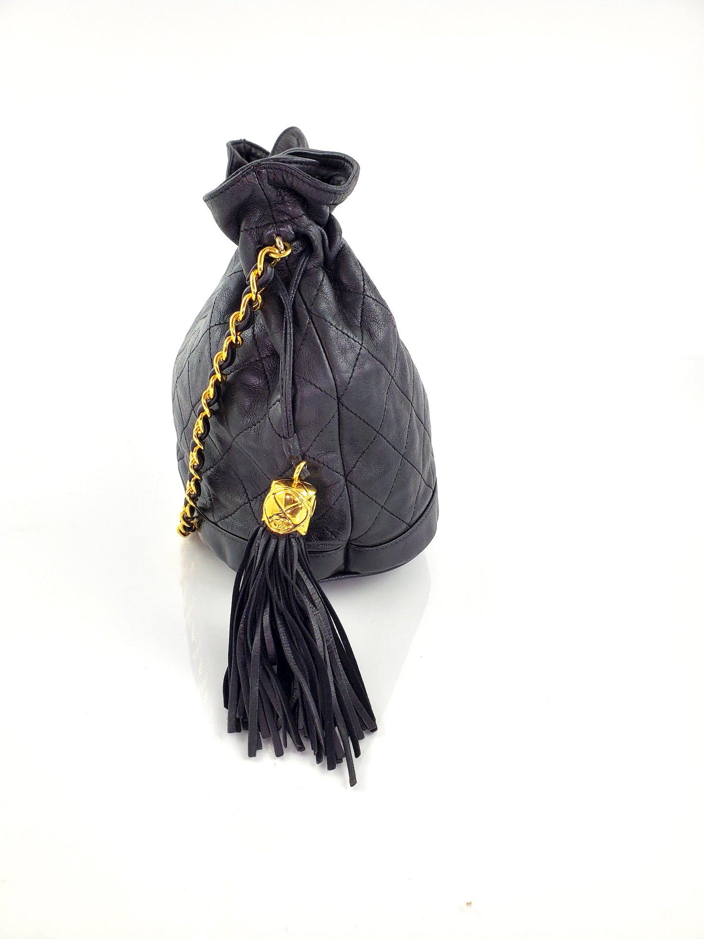 Vintage CHANEL 24k Gold Black Leather Quilted Bucket Bag