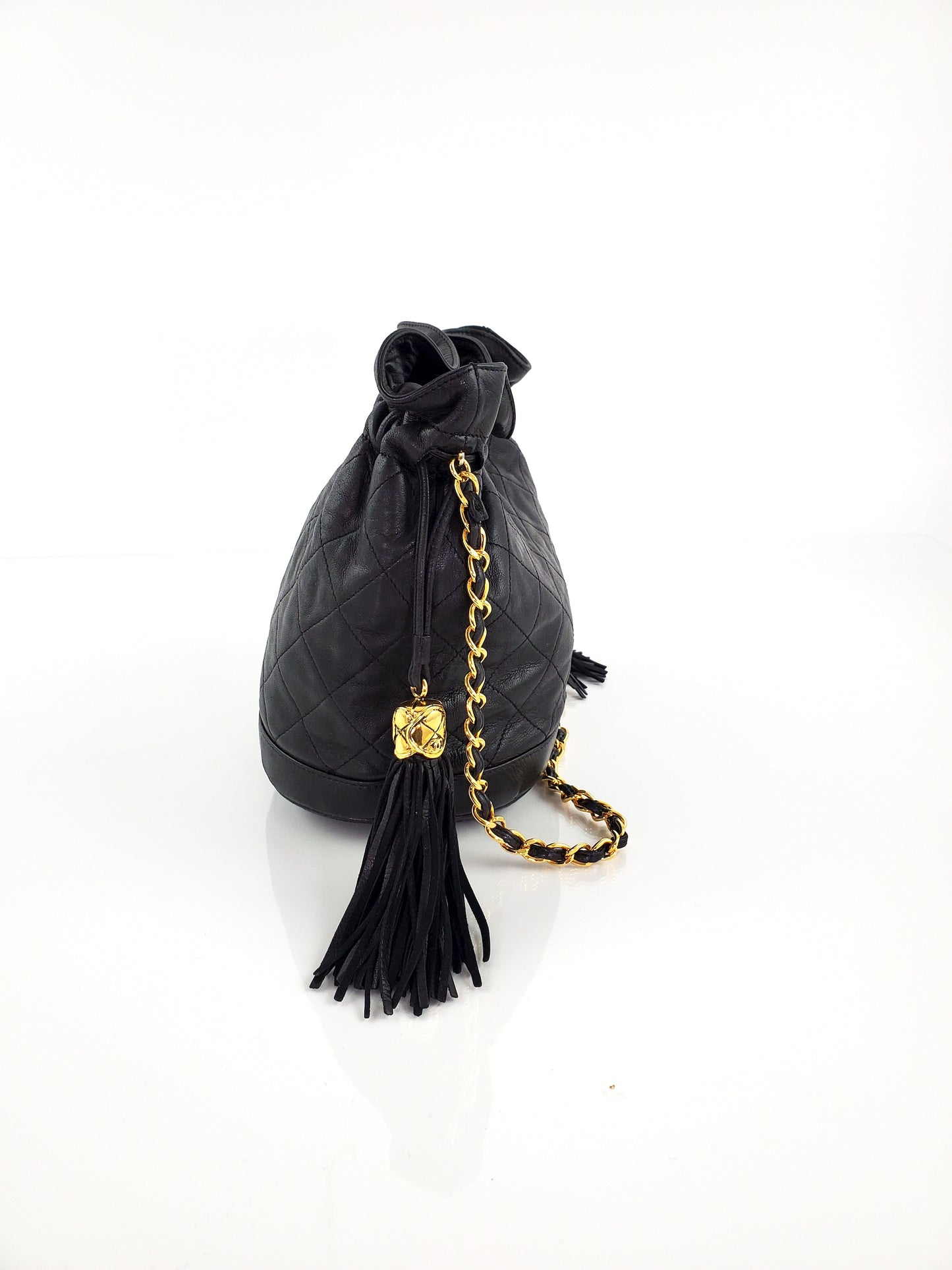 Vintage CHANEL 24k Gold Black Leather Quilted Bucket Bag