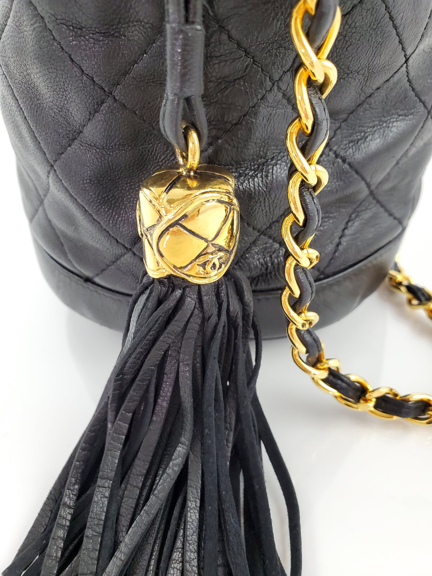 Vintage CHANEL 24k Gold Black Leather Quilted Bucket Bag