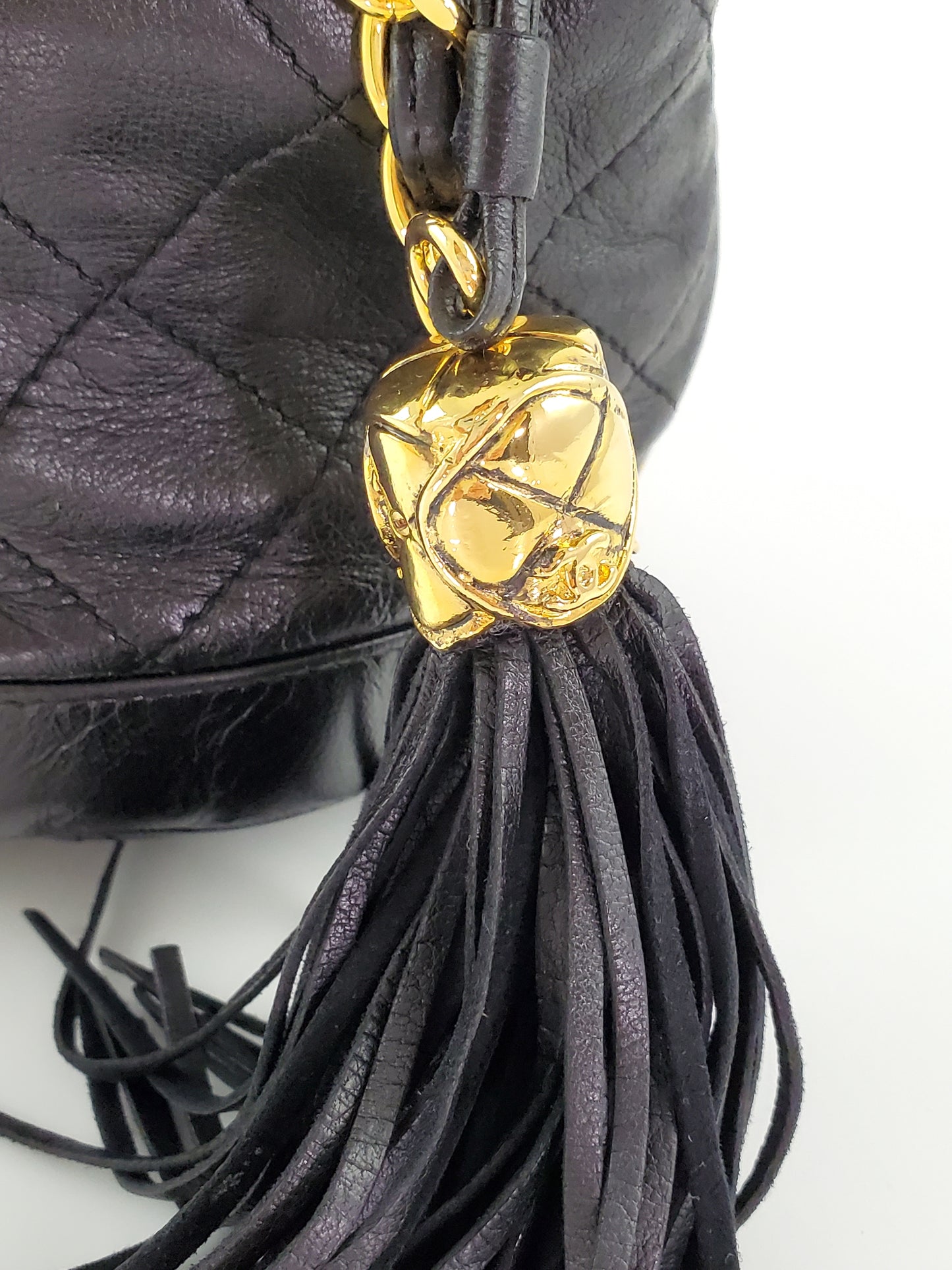 Vintage CHANEL 24k Gold Black Leather Quilted Bucket Bag