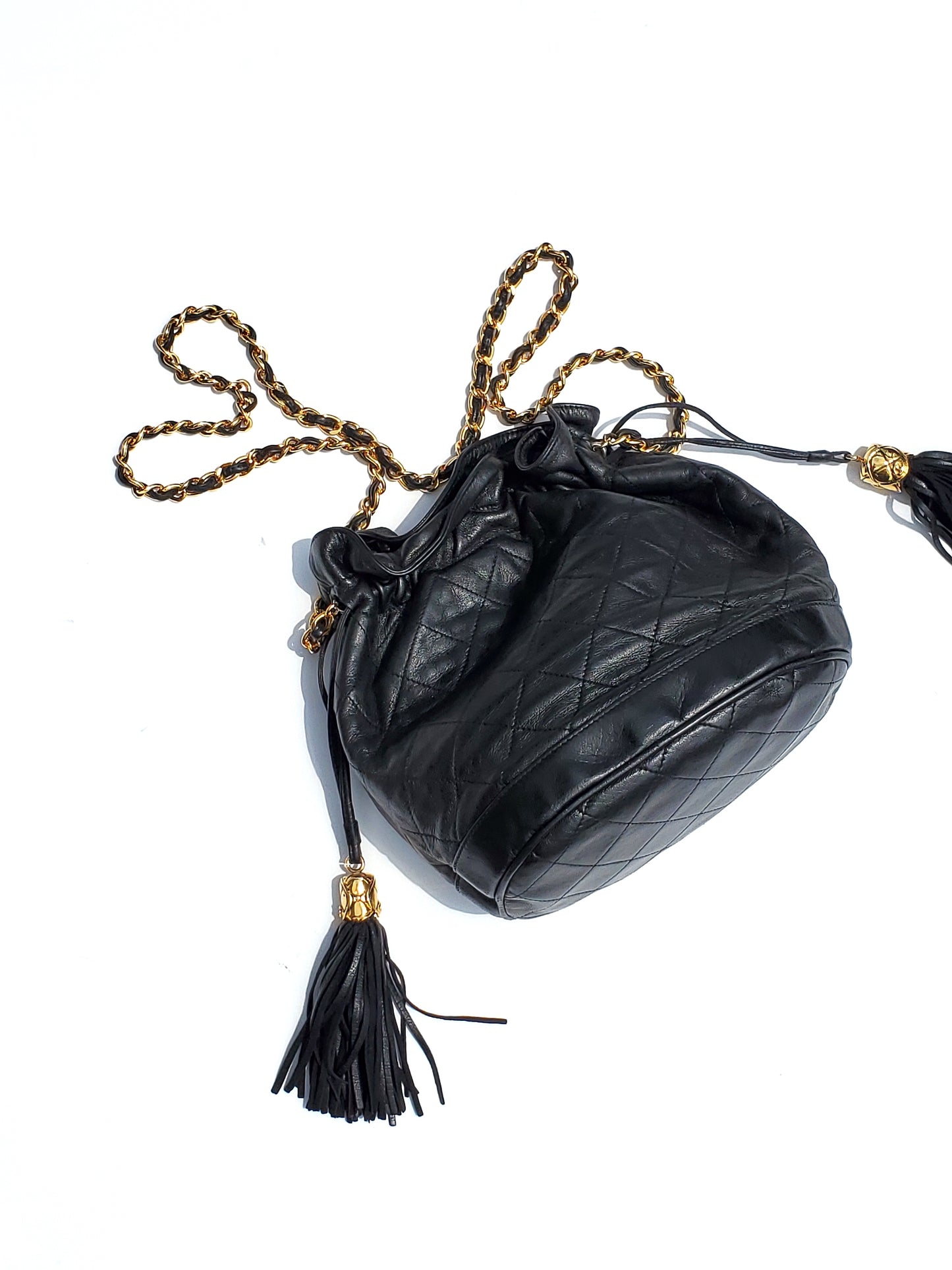 Vintage CHANEL 24k Gold Black Leather Quilted Bucket Bag