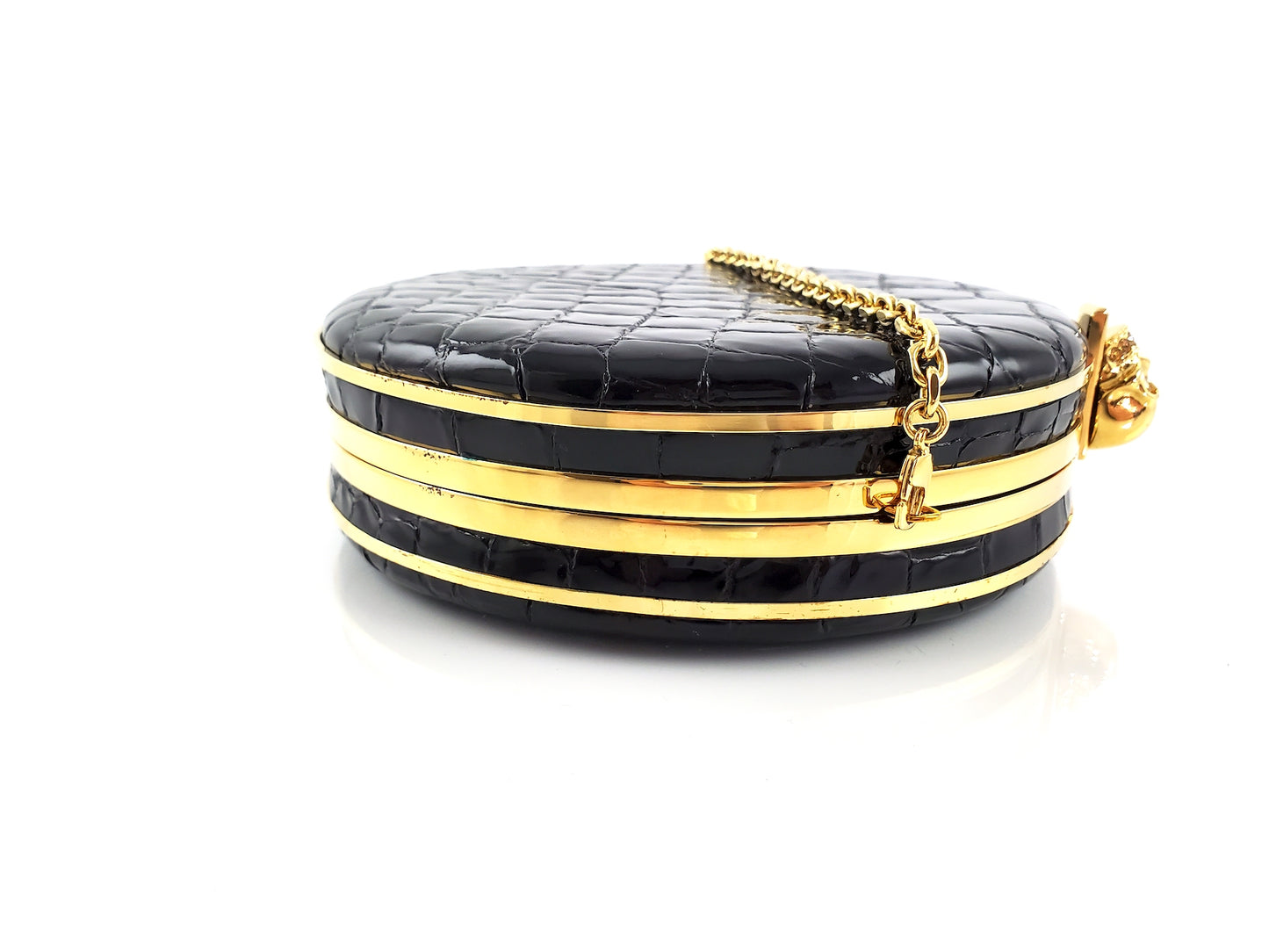 ALEXANDER McQUEEN Round Skull Black Croc Embossed Crossbody Bag