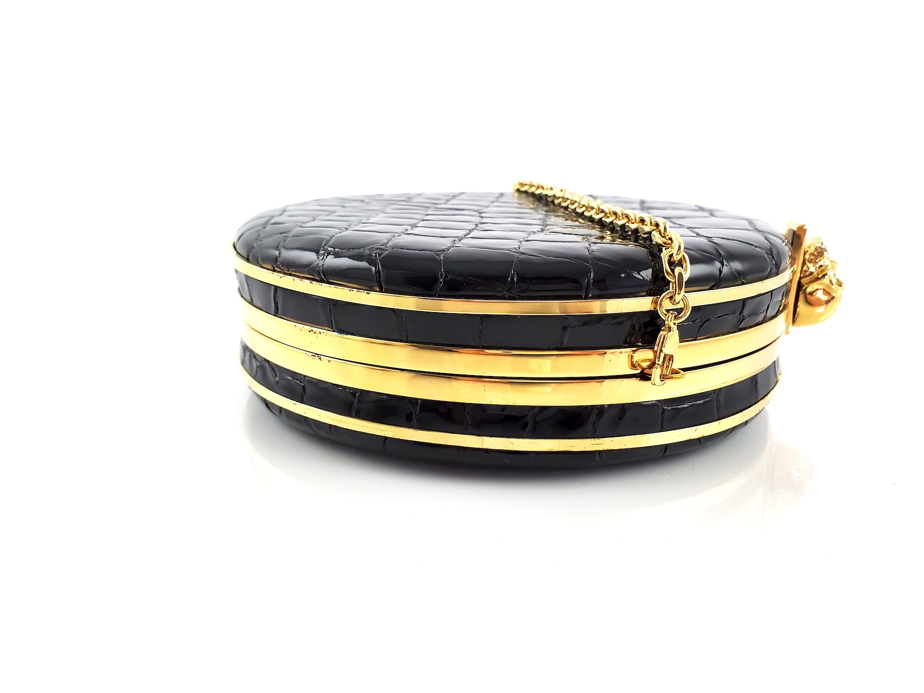 ALEXANDER McQUEEN Round Skull Black Croc Embossed Crossbody Bag