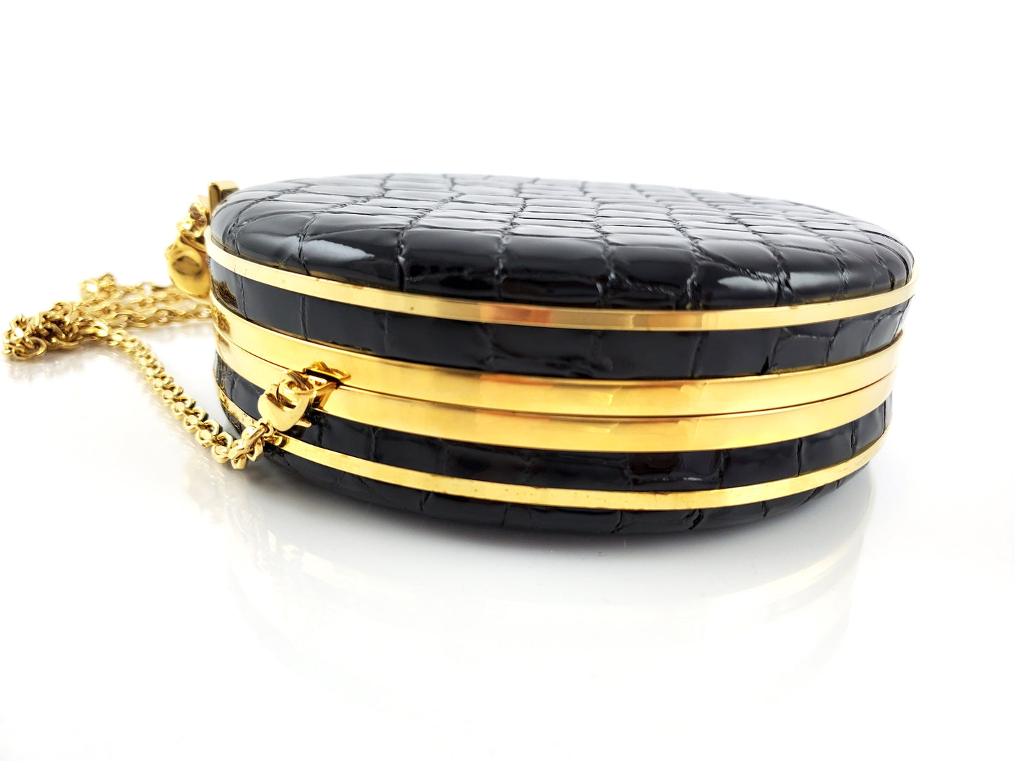 ALEXANDER McQUEEN Round Skull Black Croc Embossed Crossbody Bag