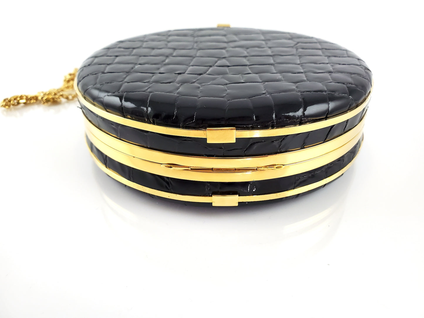 ALEXANDER McQUEEN Round Skull Black Croc Embossed Crossbody Bag