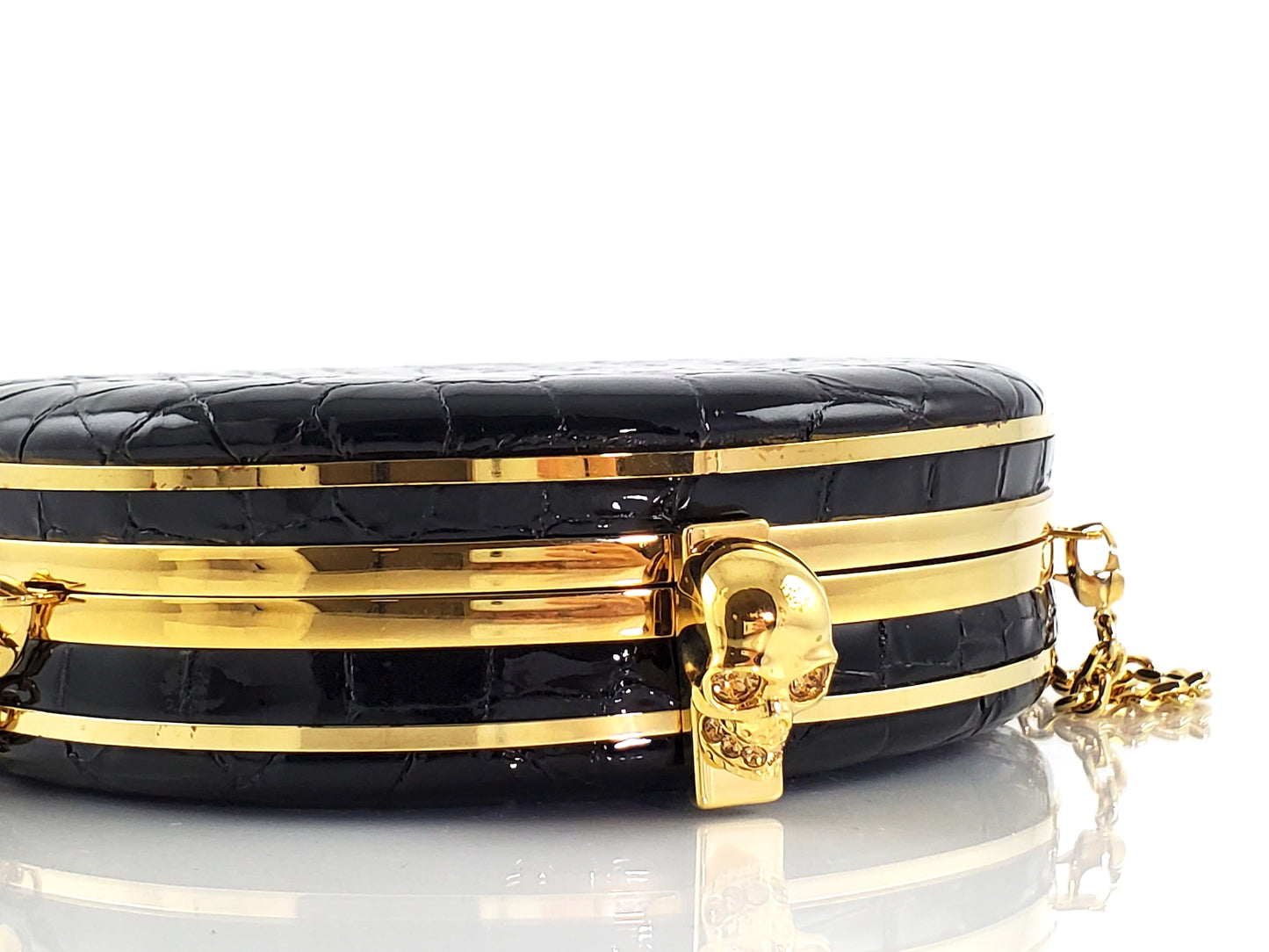 ALEXANDER McQUEEN Round Skull Black Croc Embossed Crossbody Bag