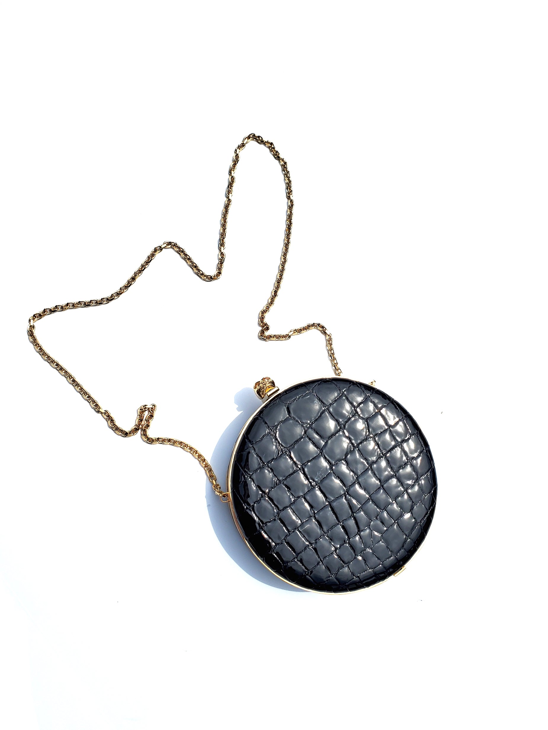 ALEXANDER McQUEEN Round Skull Black Croc Embossed Crossbody Bag