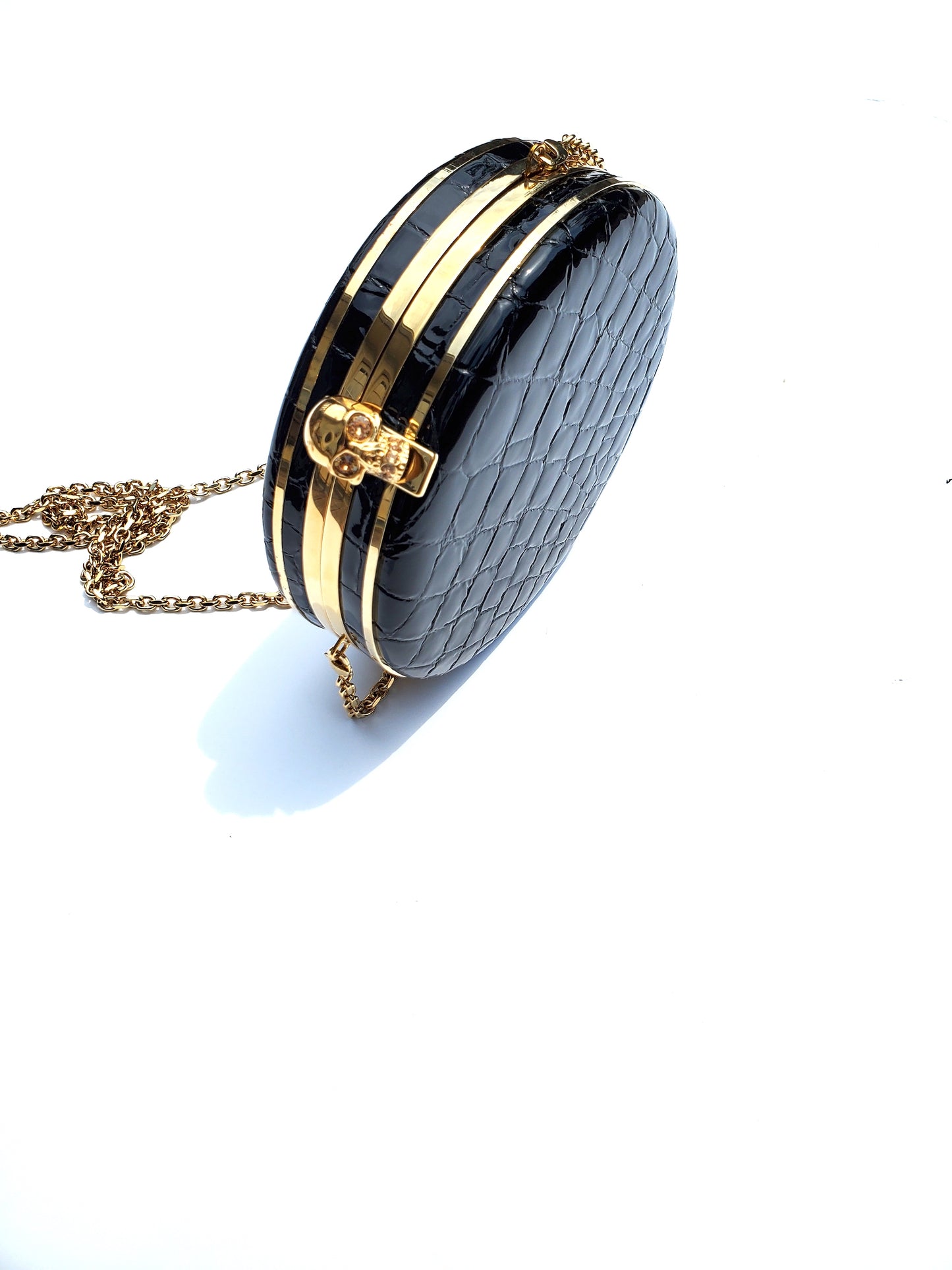 ALEXANDER McQUEEN Round Skull Black Croc Embossed Crossbody Bag