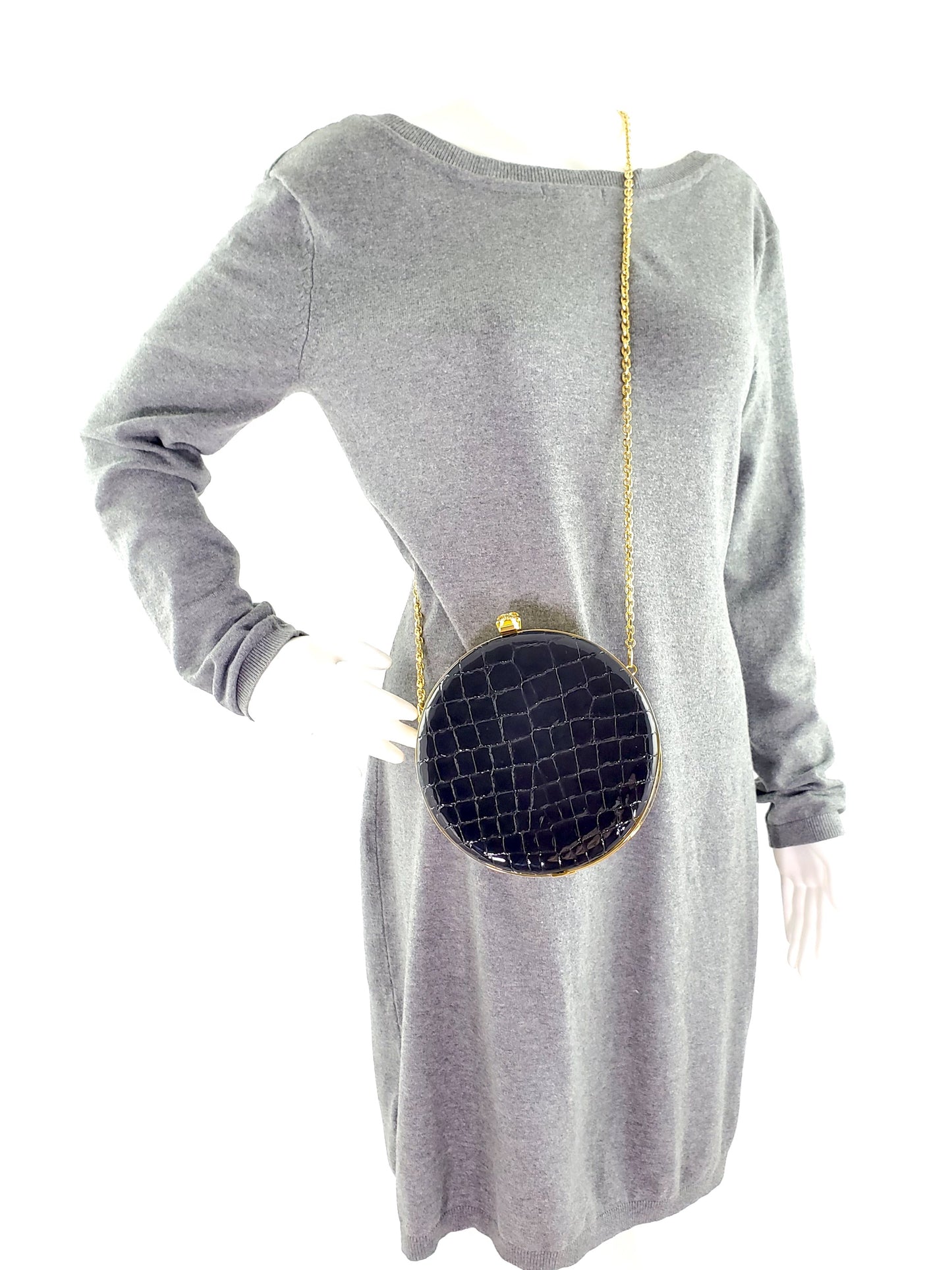 ALEXANDER McQUEEN Round Skull Black Croc Embossed Crossbody Bag