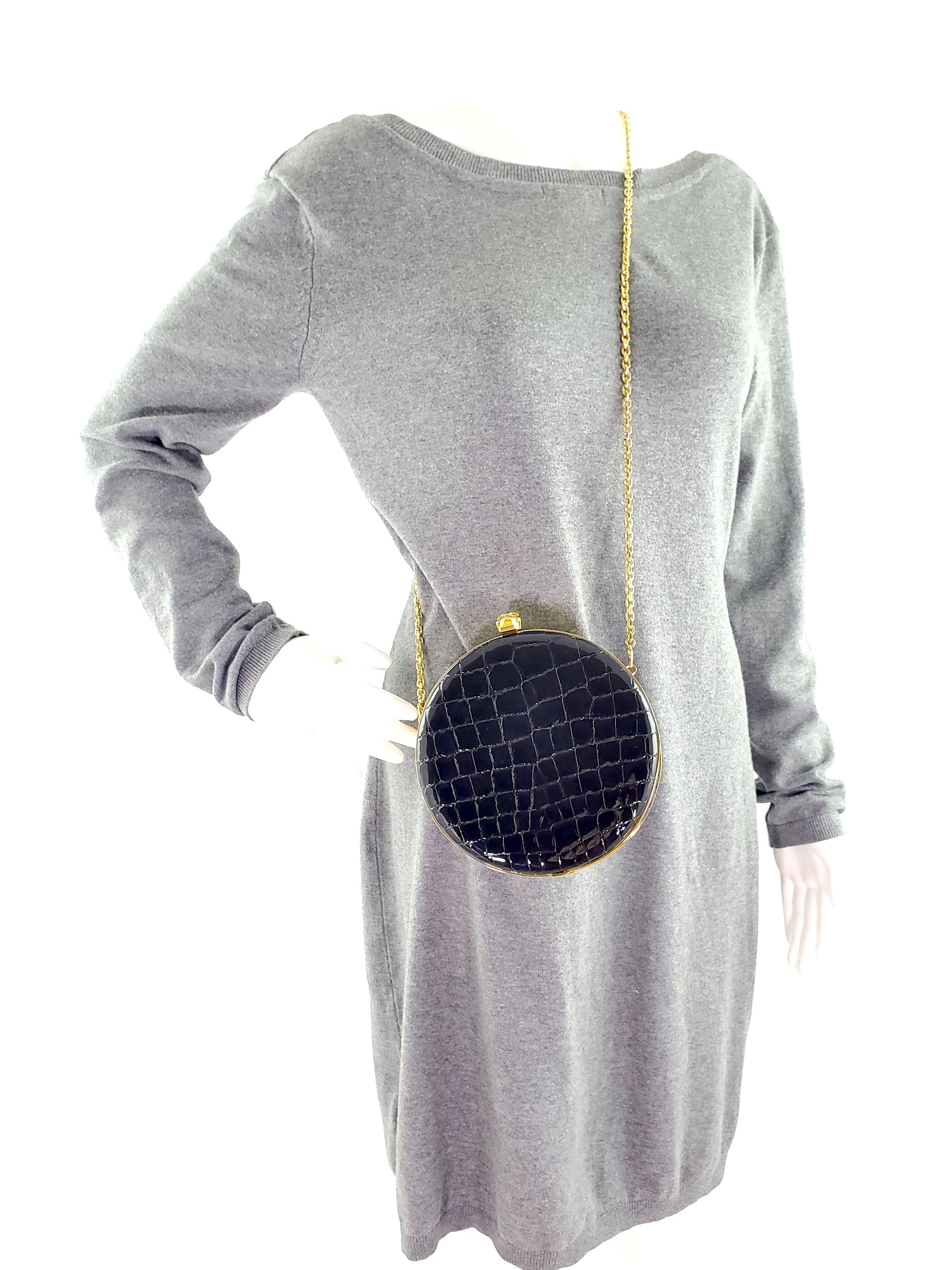 ALEXANDER McQUEEN Round Skull Black Croc Embossed Crossbody Bag