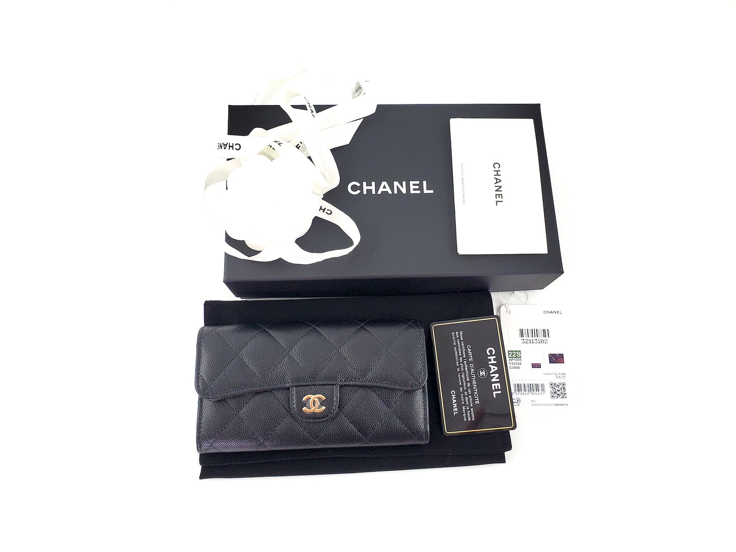 New CHANEL 22S Black Caviar Classic Flap Medium Wallet