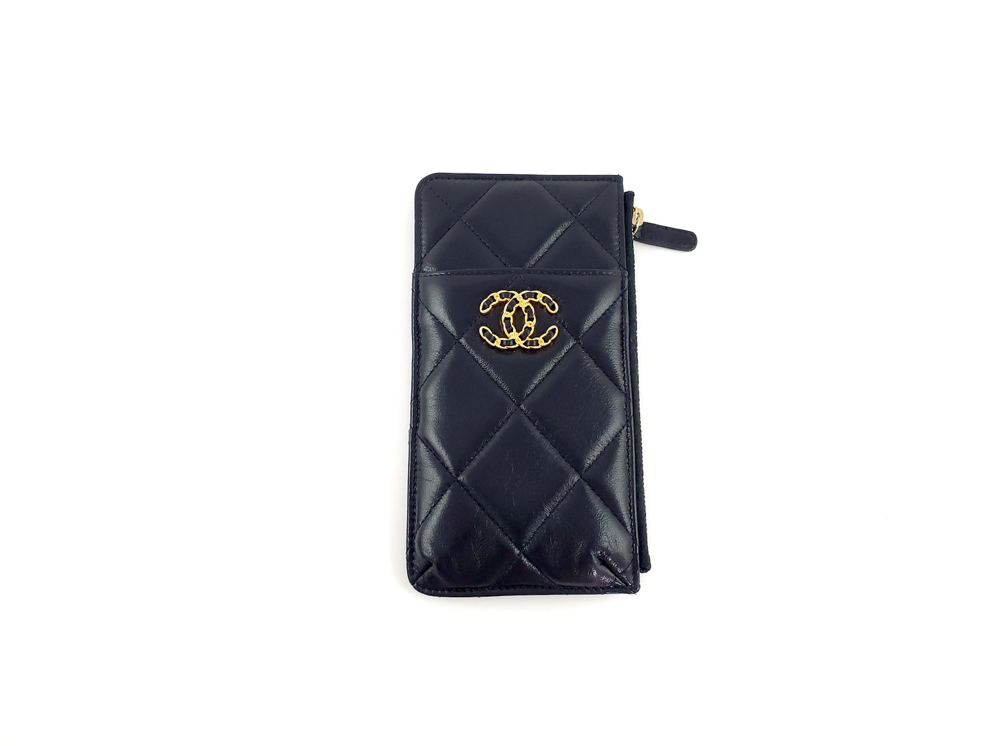 CHANEL 19 2020 Black Goatskin Quilted Phone Card Holder