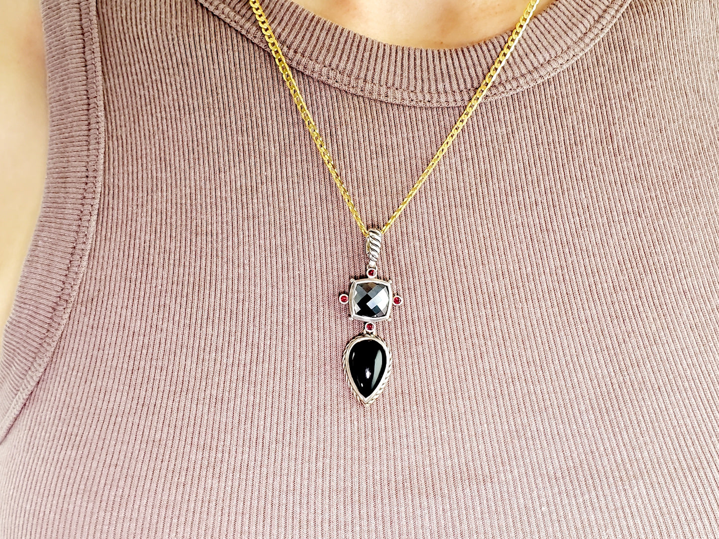 David Yurman Sterling Silver Hematite Onyx Ruby Drop Earrings Pendant Set