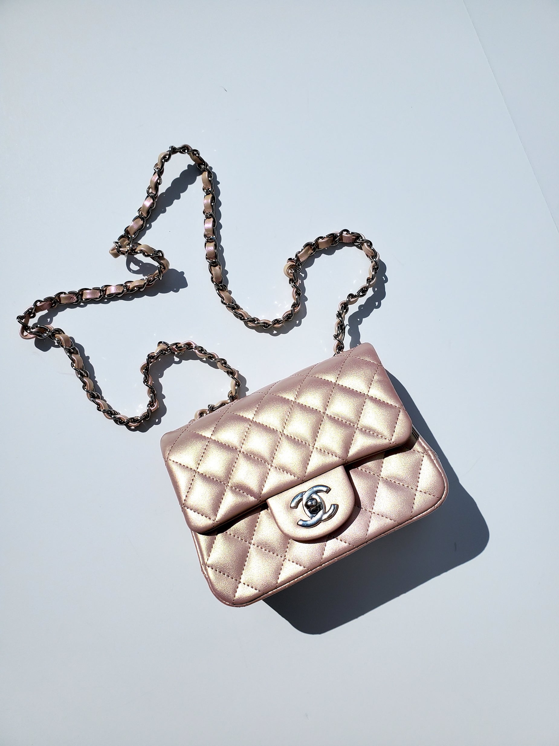 Chanel Iridescent Pink Chanel 21s Rose Gold New CHANEL Square Mini