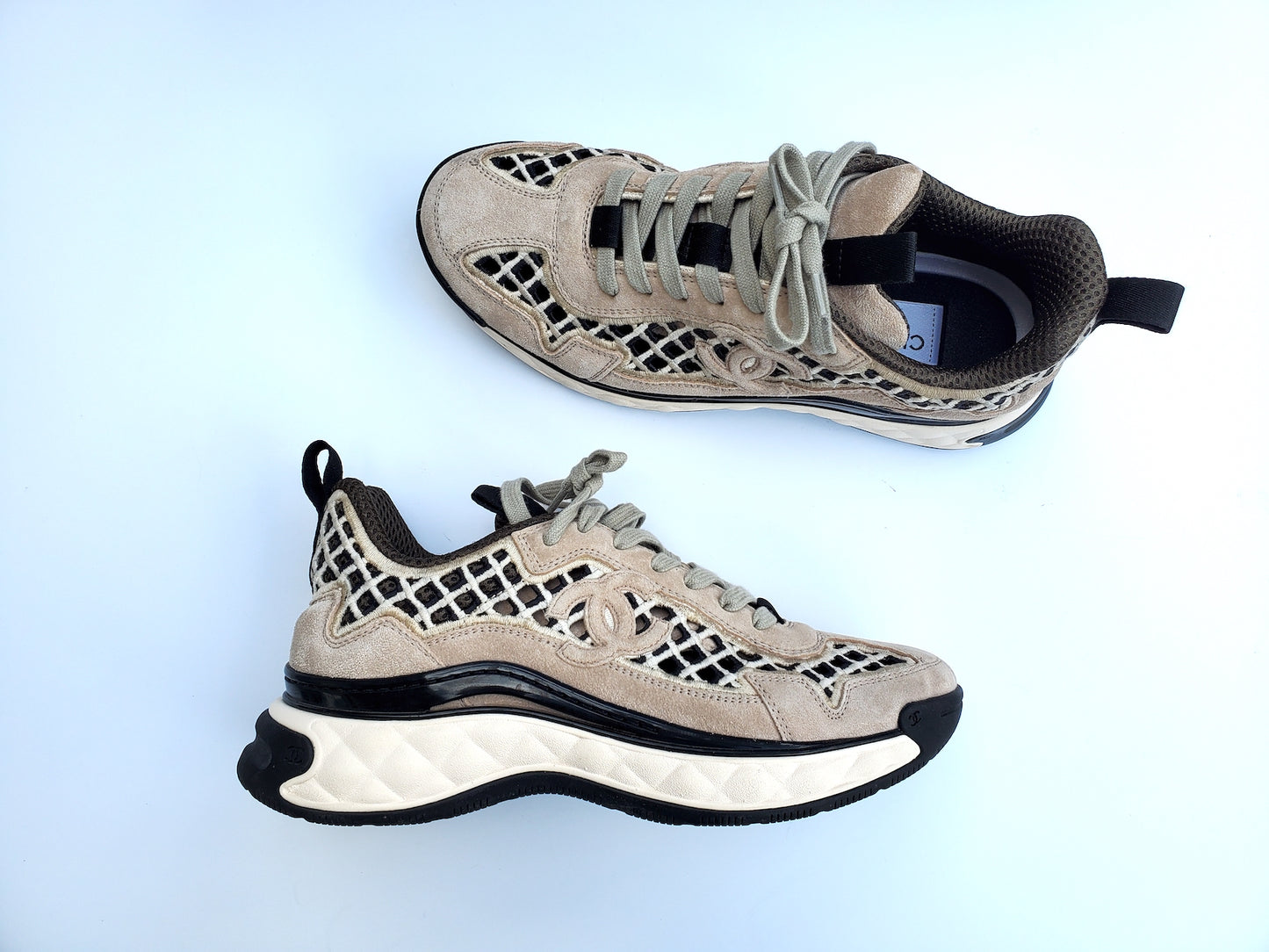 CHANEL 2021 Beige Suede Perforated Logo Sneakers 37.5