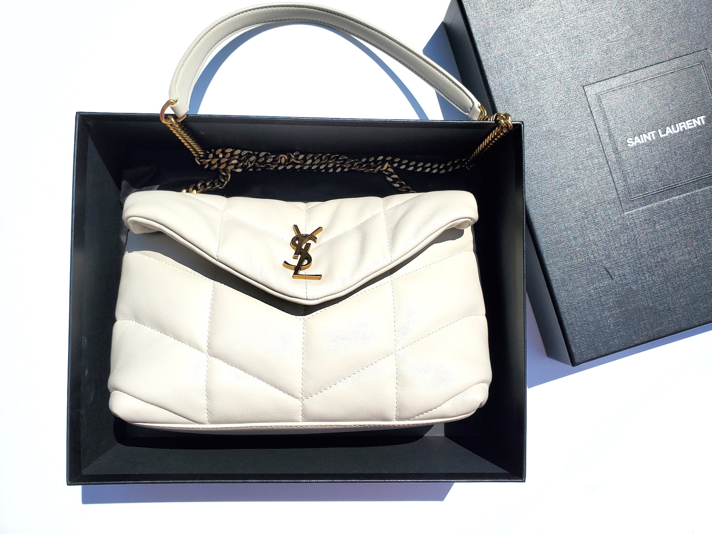 Saint Laurent Cream Mini Loulou Puffer Chain Crossbody Bag