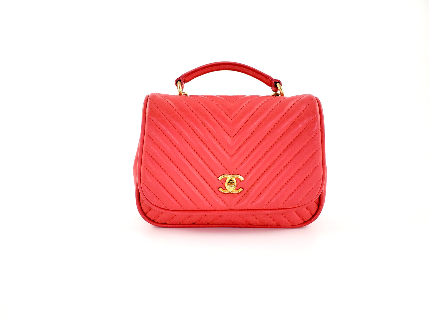 Chanel Red Reverse Chevron Quilted Round Top Handle Flap Bag